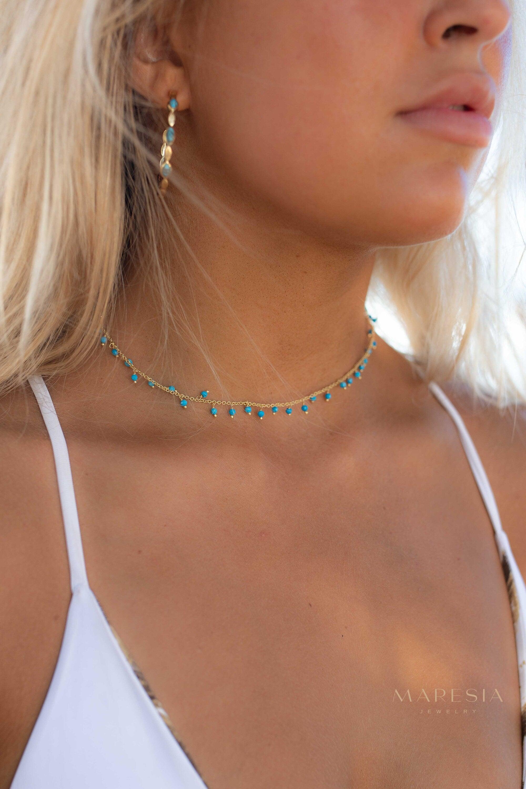 Moonstone, Labradorite, Aqua Chalcedony, Tourmaline or Turquoise Choker Necklace ~ Gold Plated 18k ~Jewelry ~ Minimalist ~Layered ~ MN134