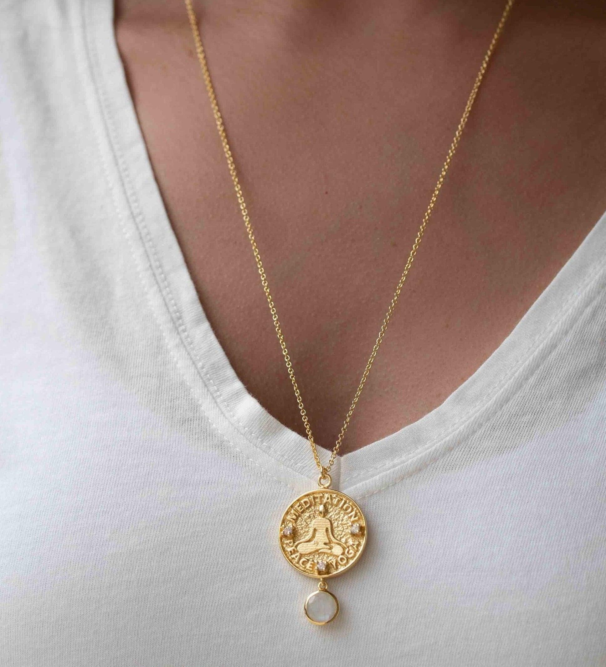 Moonstone, Labradorite or Aqua Chalcedony Meditation Peace Yoga Necklace ~ Charm ~ Gold plated 18k ~ Bohemian ~ Cubic zirconia ~ MN118