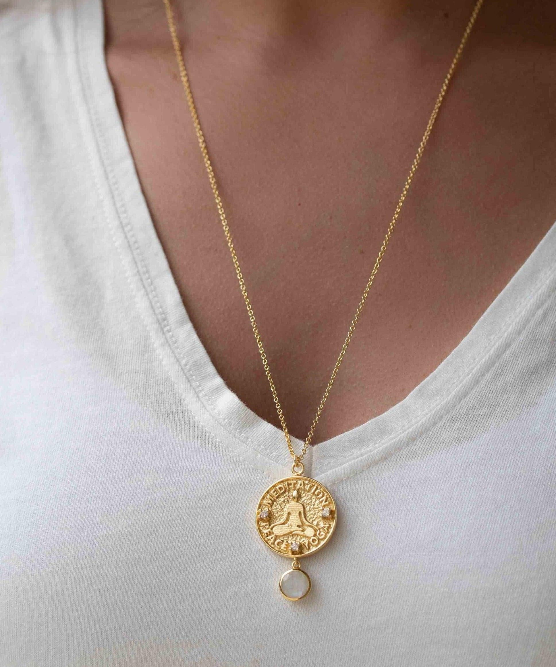 Moonstone, Labradorite or Aqua Chalcedony Meditation Peace Yoga Necklace ~ Charm ~ Gold plated 18k ~ Bohemian ~ Cubic zirconia ~ MN118