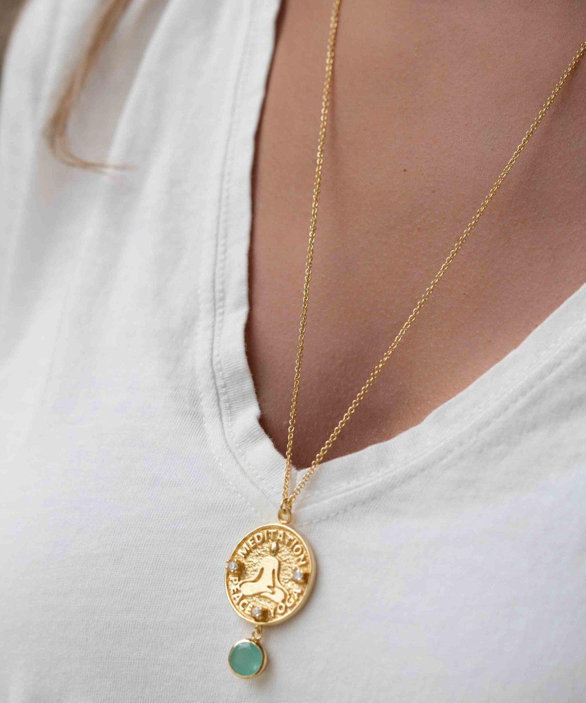 Moonstone, Labradorite or Aqua Chalcedony Meditation Peace Yoga Necklace ~ Charm ~ Gold plated 18k ~ Bohemian ~ Cubic zirconia ~ MN118