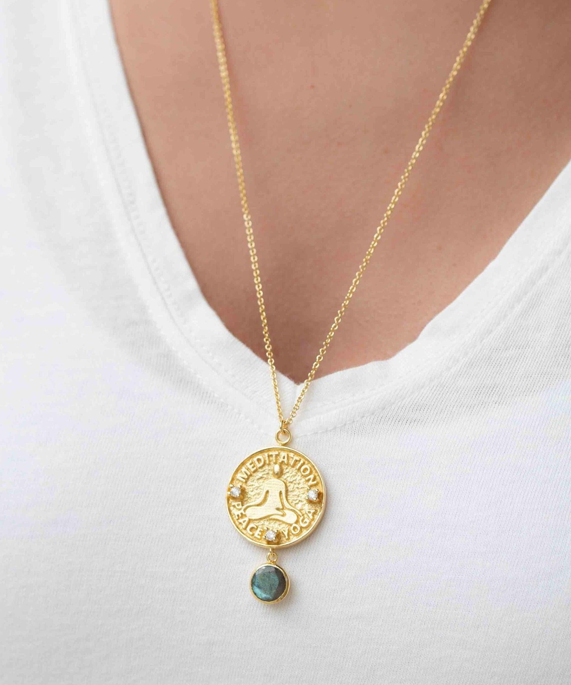 Moonstone, Labradorite or Aqua Chalcedony Meditation Peace Yoga Necklace ~ Charm ~ Gold plated 18k ~ Bohemian ~ Cubic zirconia ~ MN118