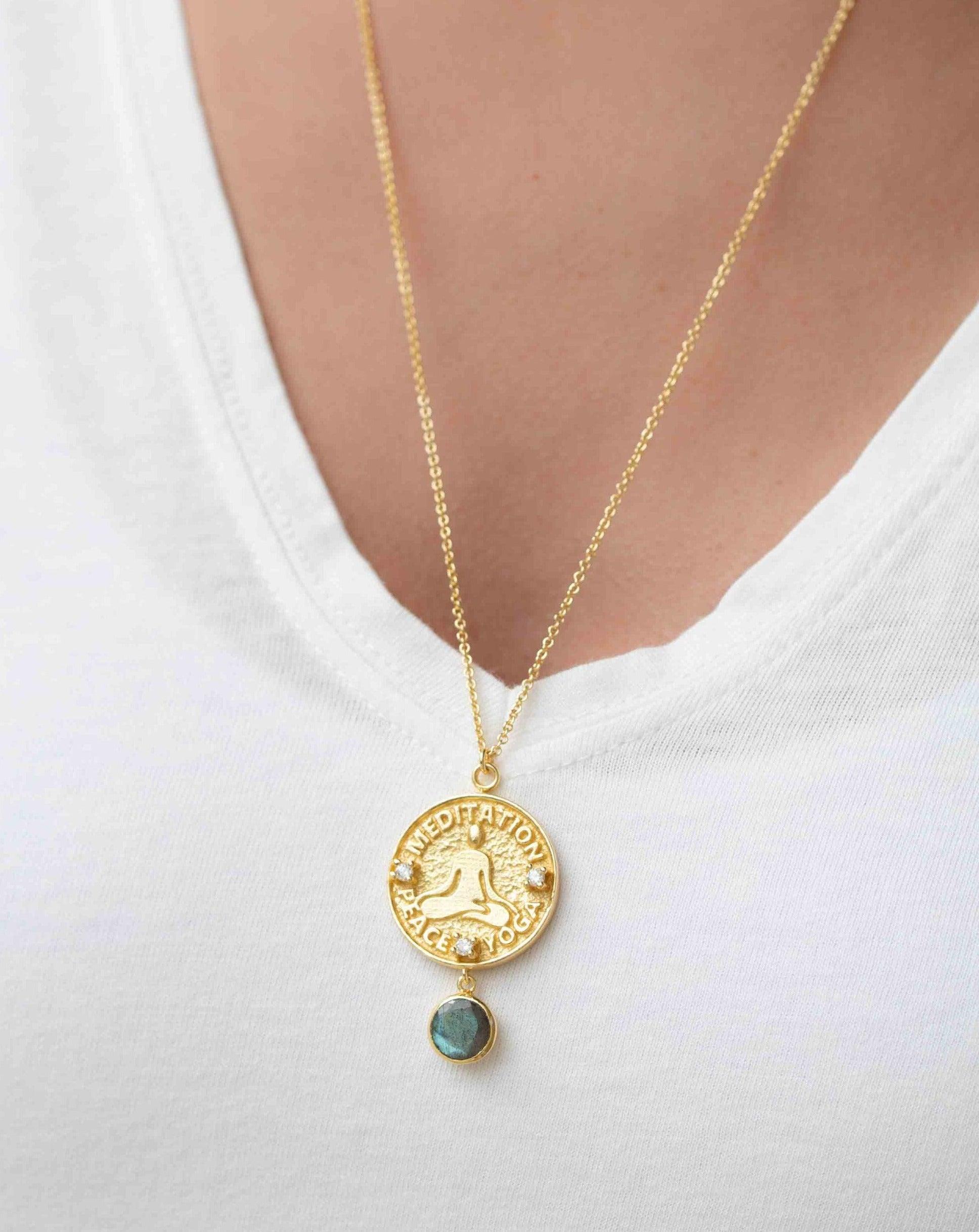 Moonstone, Labradorite or Aqua Chalcedony Meditation Peace Yoga Necklace ~ Charm ~ Gold plated 18k ~ Bohemian ~ Cubic zirconia ~ MN118