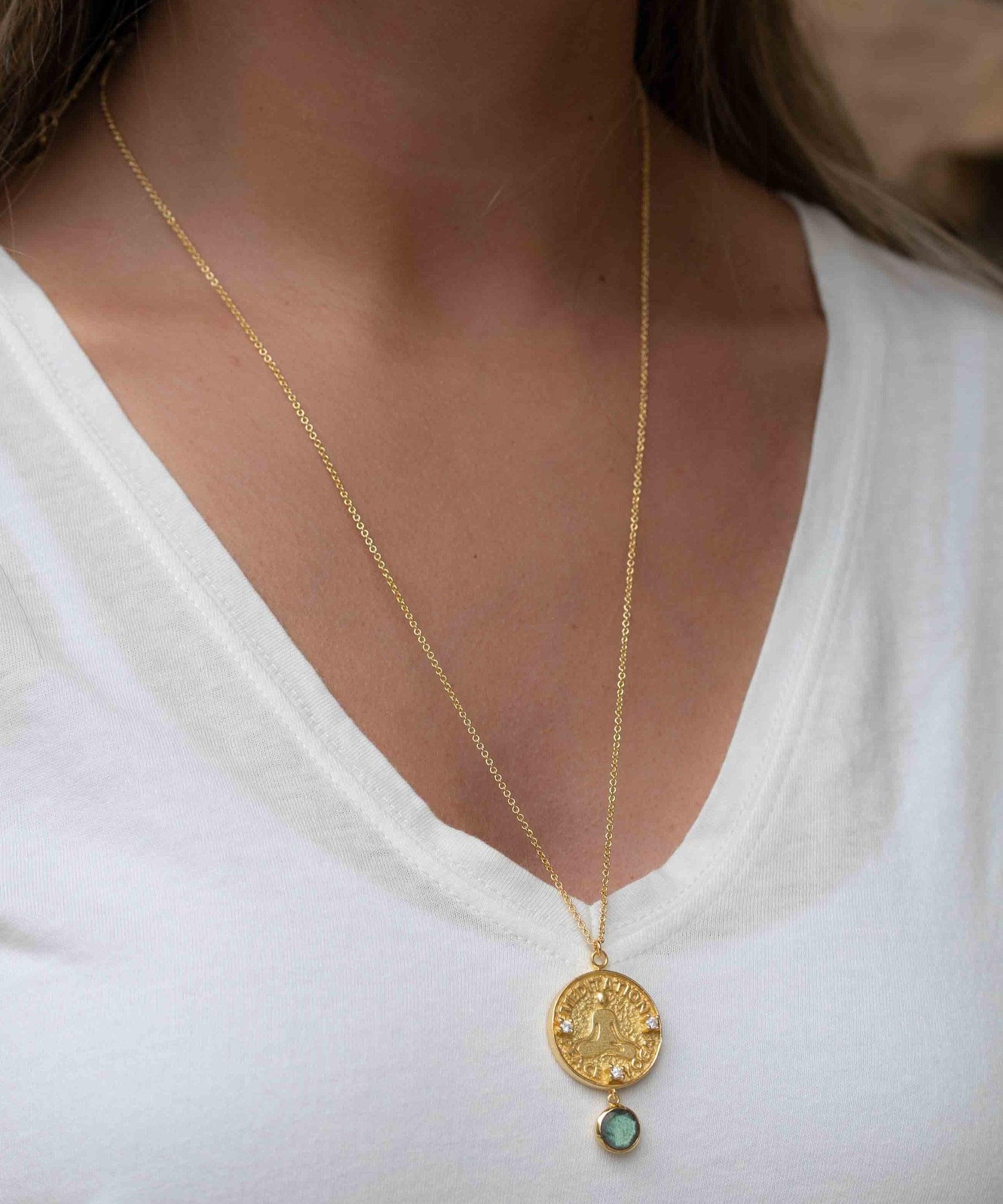 Moonstone, Labradorite or Aqua Chalcedony Meditation Peace Yoga Necklace ~ Charm ~ Gold plated 18k ~ Bohemian ~ Cubic zirconia ~ MN118