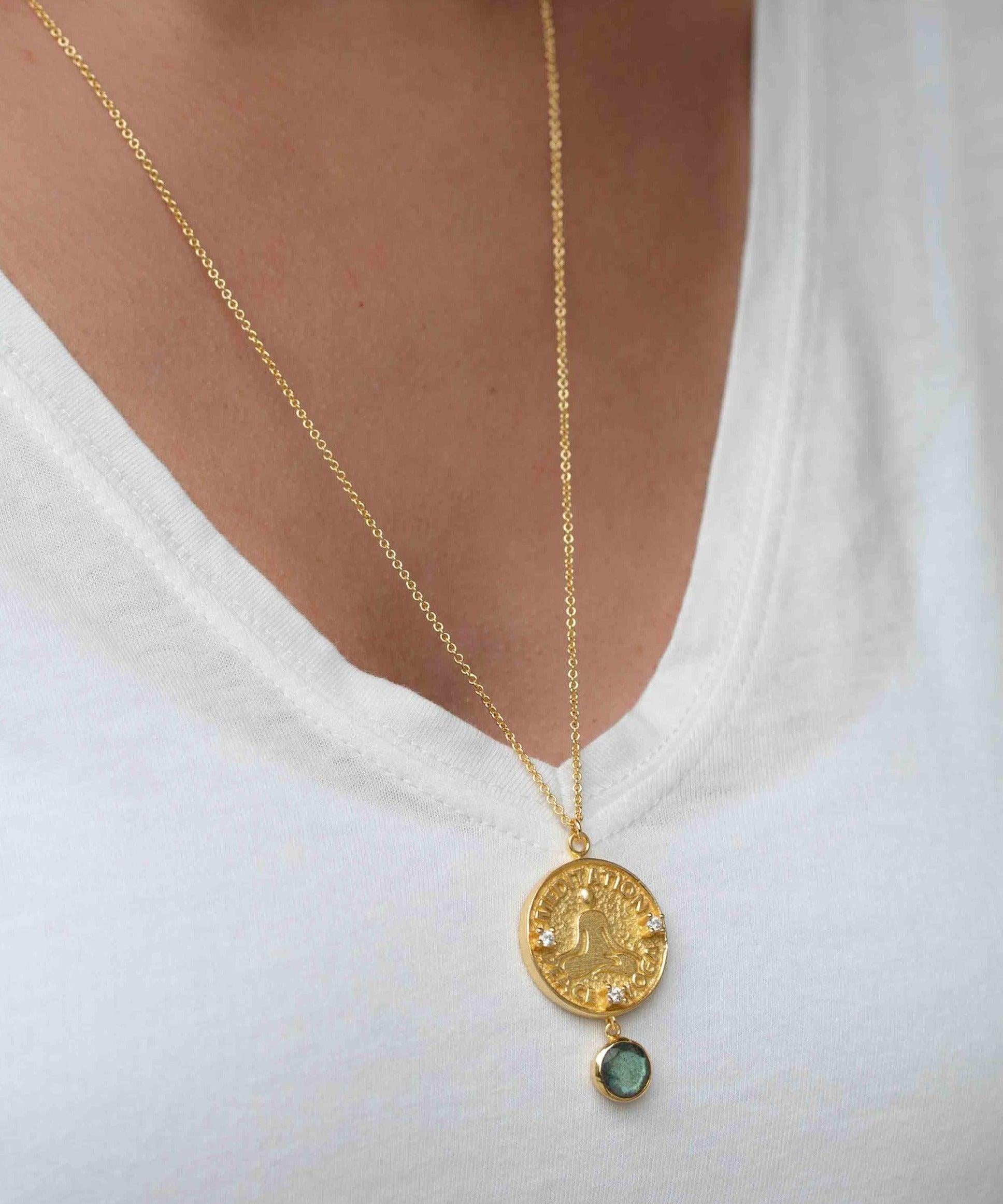 Moonstone, Labradorite or Aqua Chalcedony Meditation Peace Yoga Necklace ~ Charm ~ Gold plated 18k ~ Bohemian ~ Cubic zirconia ~ MN118