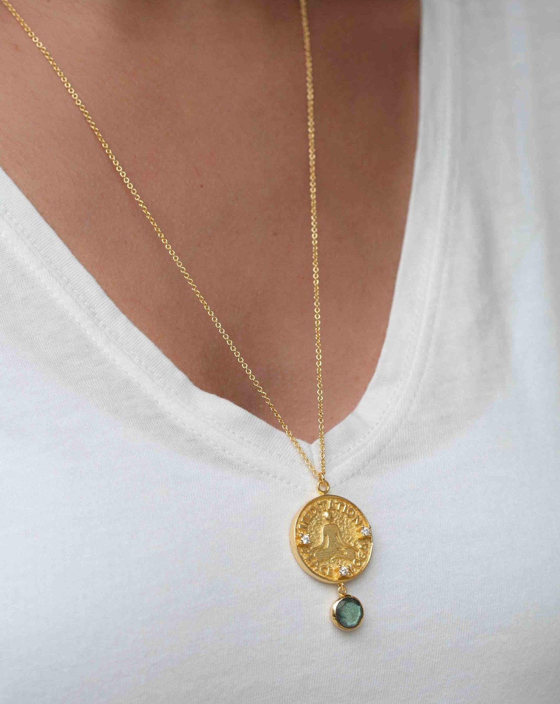 Moonstone, Labradorite or Aqua Chalcedony Meditation Peace Yoga Necklace ~ Charm ~ Gold plated 18k ~ Bohemian ~ Cubic zirconia ~ MN118