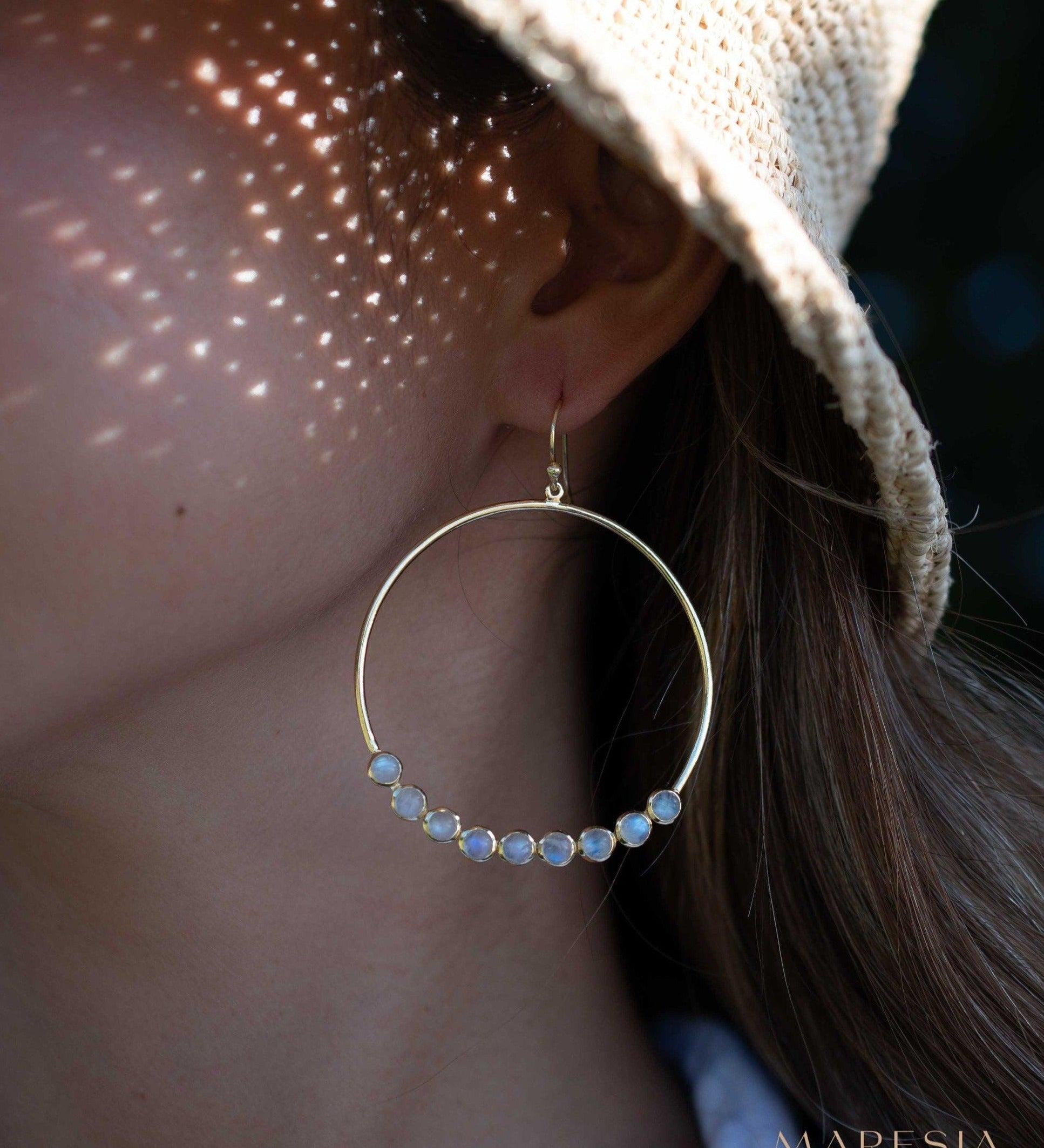 Moonstone Large Round 18k Gold Plated Earrings ~ Gemstone ~ Dangle Earrings ~Boho design ~ Handmade ~ Jewelry ~ Gift for her ~ ME211