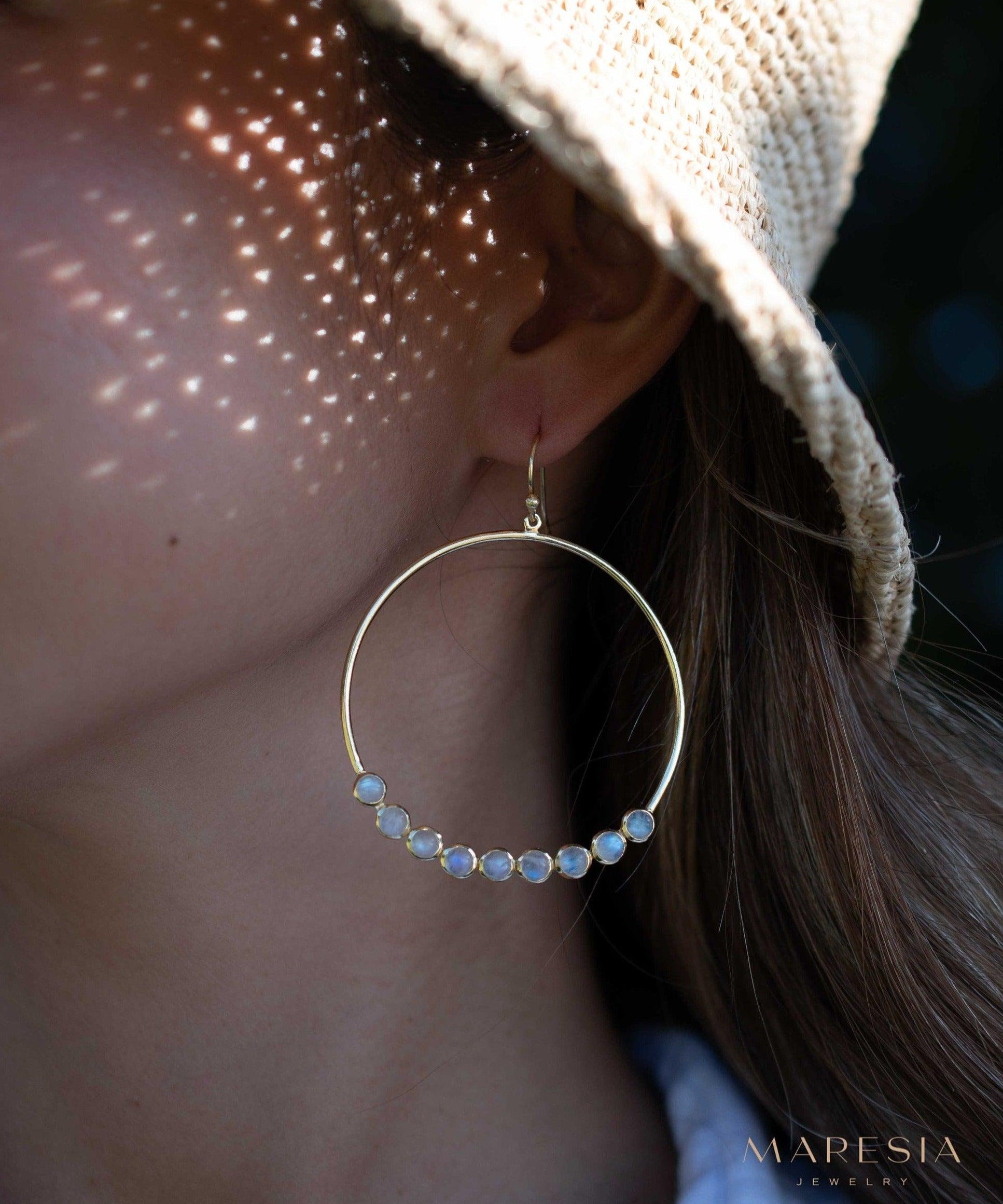 Moonstone Large Round 18k Gold Plated Earrings ~ Gemstone ~ Dangle Earrings ~Boho design ~ Handmade ~ Jewelry ~ Gift for her ~ ME211