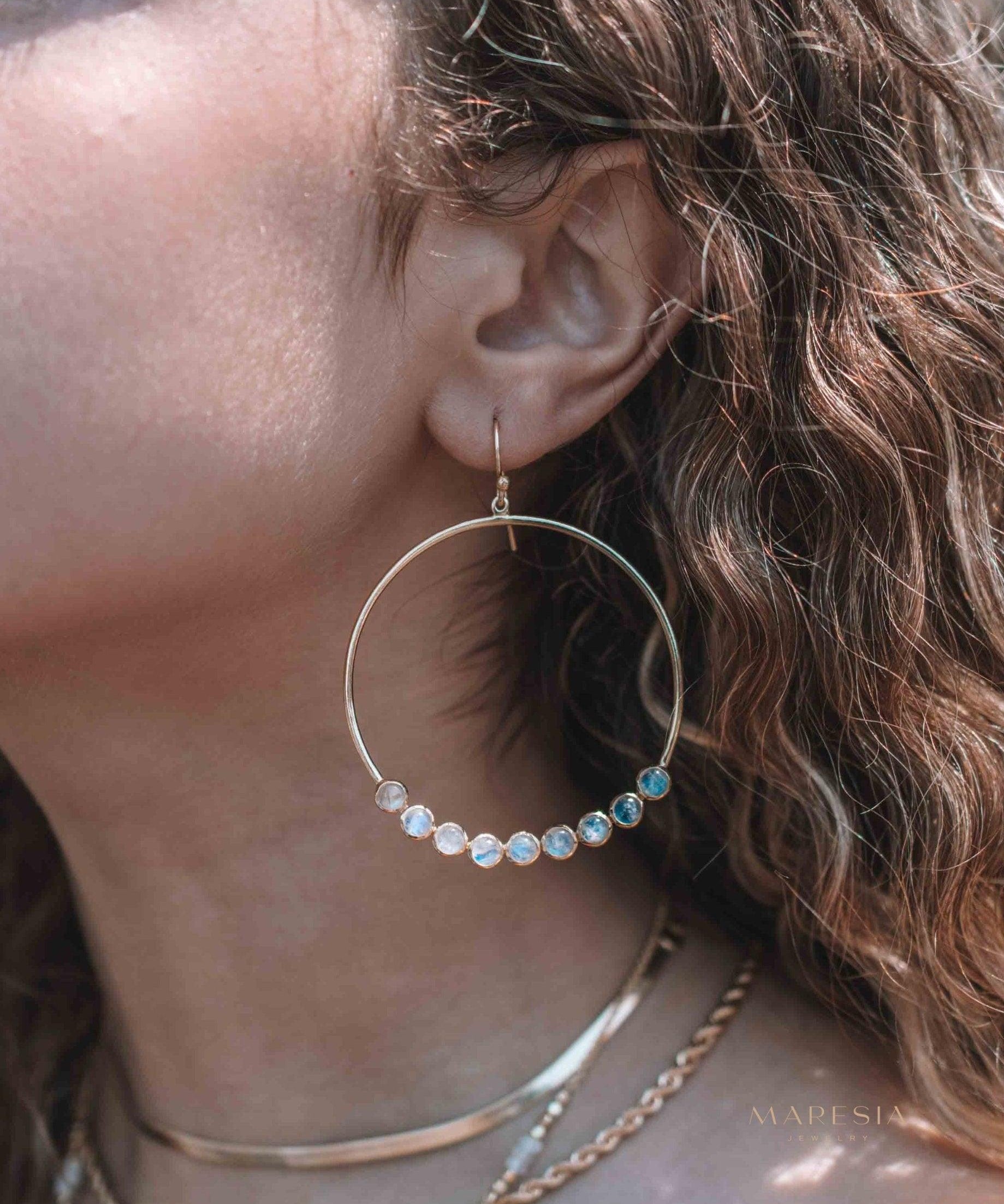 Moonstone Large Round 18k Gold Plated Earrings ~ Gemstone ~ Dangle Earrings ~Boho design ~ Handmade ~ Jewelry ~ Gift for her ~ ME211