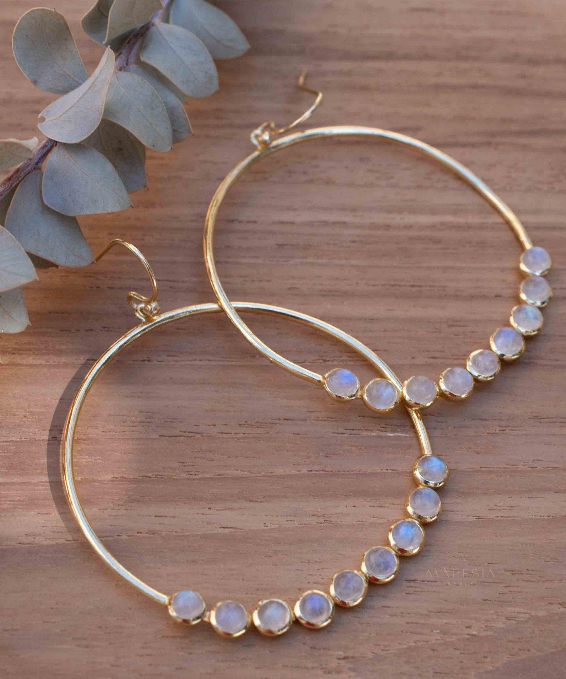 Moonstone Large Round 18k Gold Plated Earrings ~ Gemstone ~ Dangle Earrings ~Boho design ~ Handmade ~ Jewelry ~ Gift for her ~ ME211