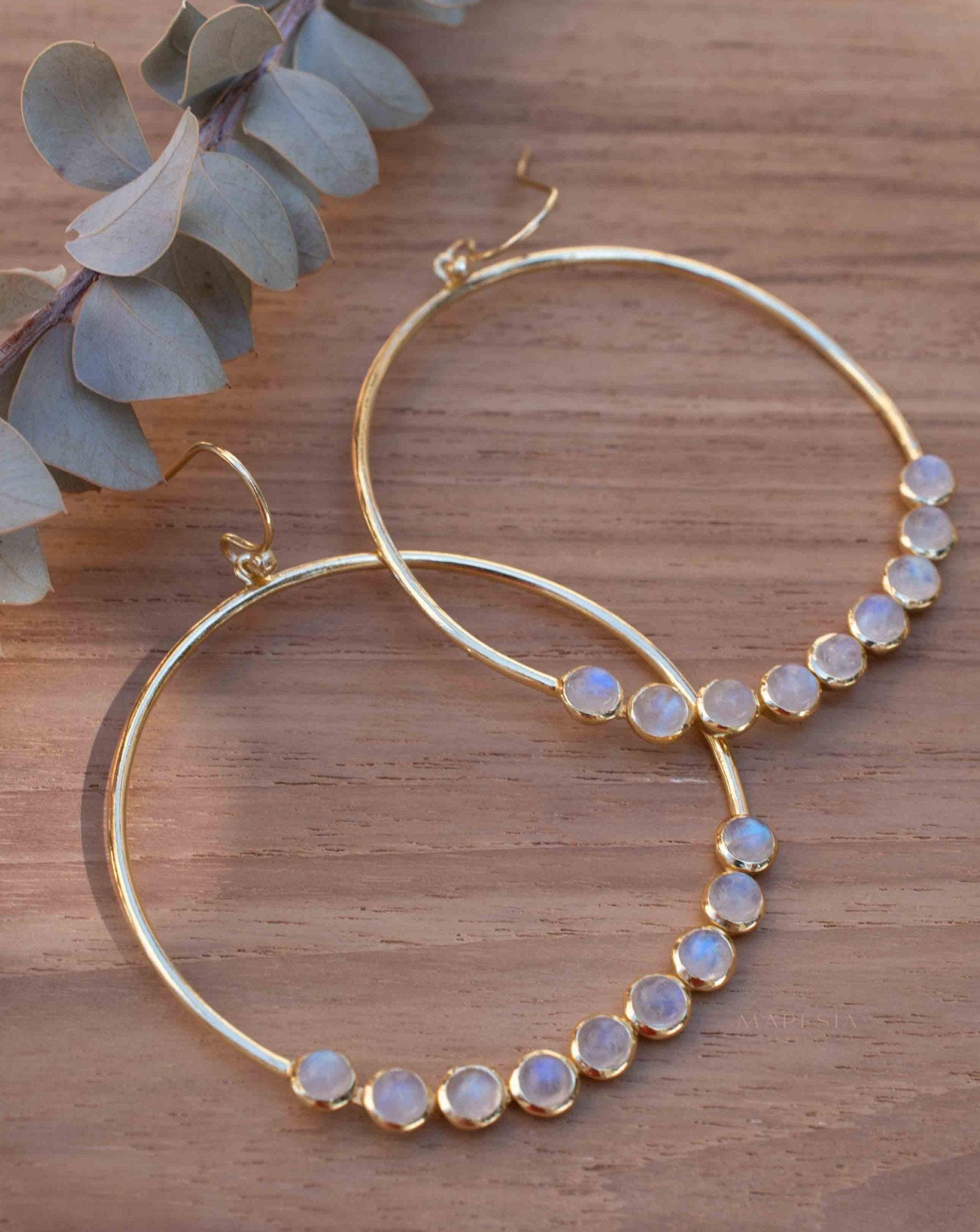 Moonstone Large Round 18k Gold Plated Earrings ~ Gemstone ~ Dangle Earrings ~Boho design ~ Handmade ~ Jewelry ~ Gift for her ~ ME211