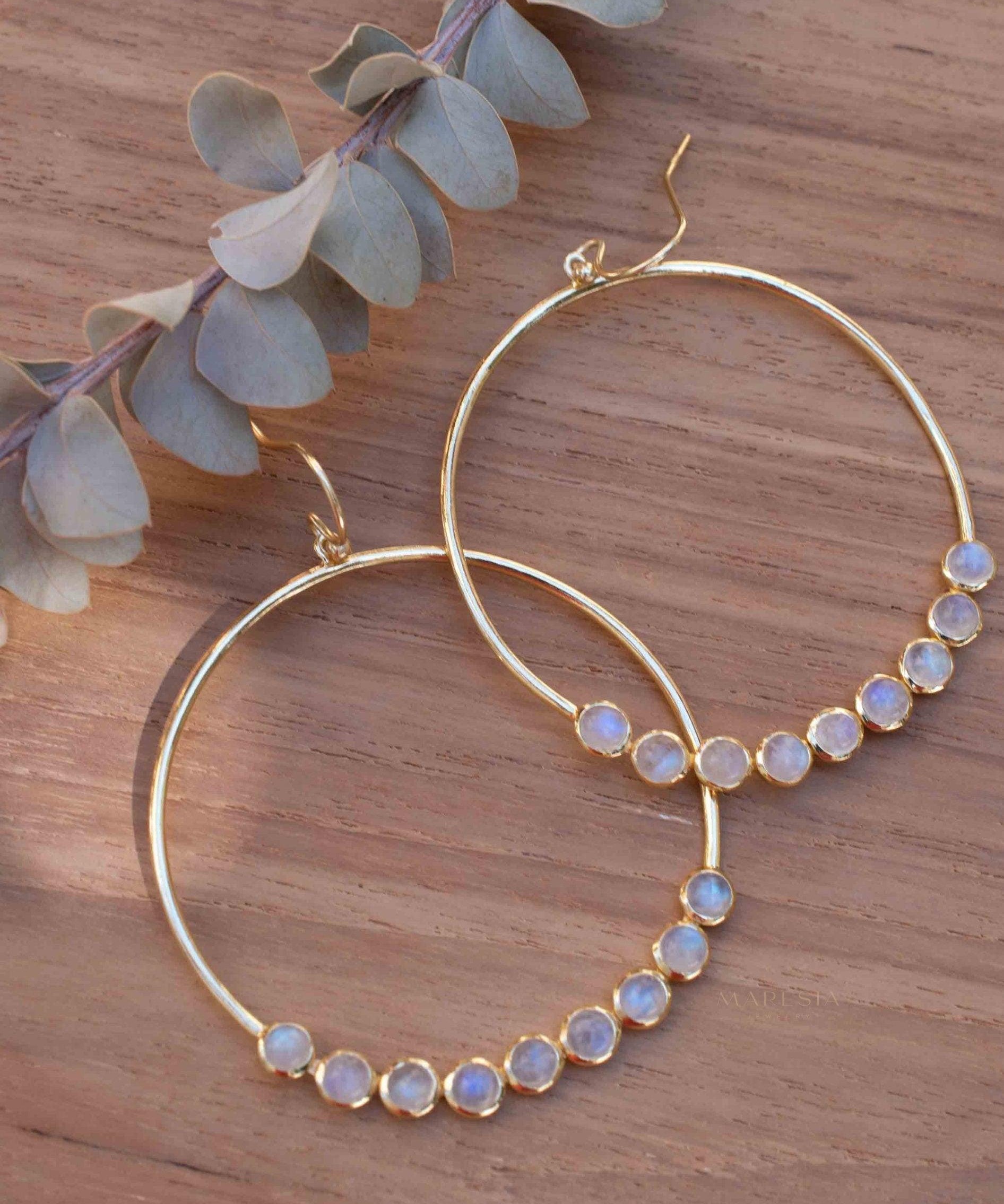 Moonstone Large Round 18k Gold Plated Earrings ~ Gemstone ~ Dangle Earrings ~Boho design ~ Handmade ~ Jewelry ~ Gift for her ~ ME211