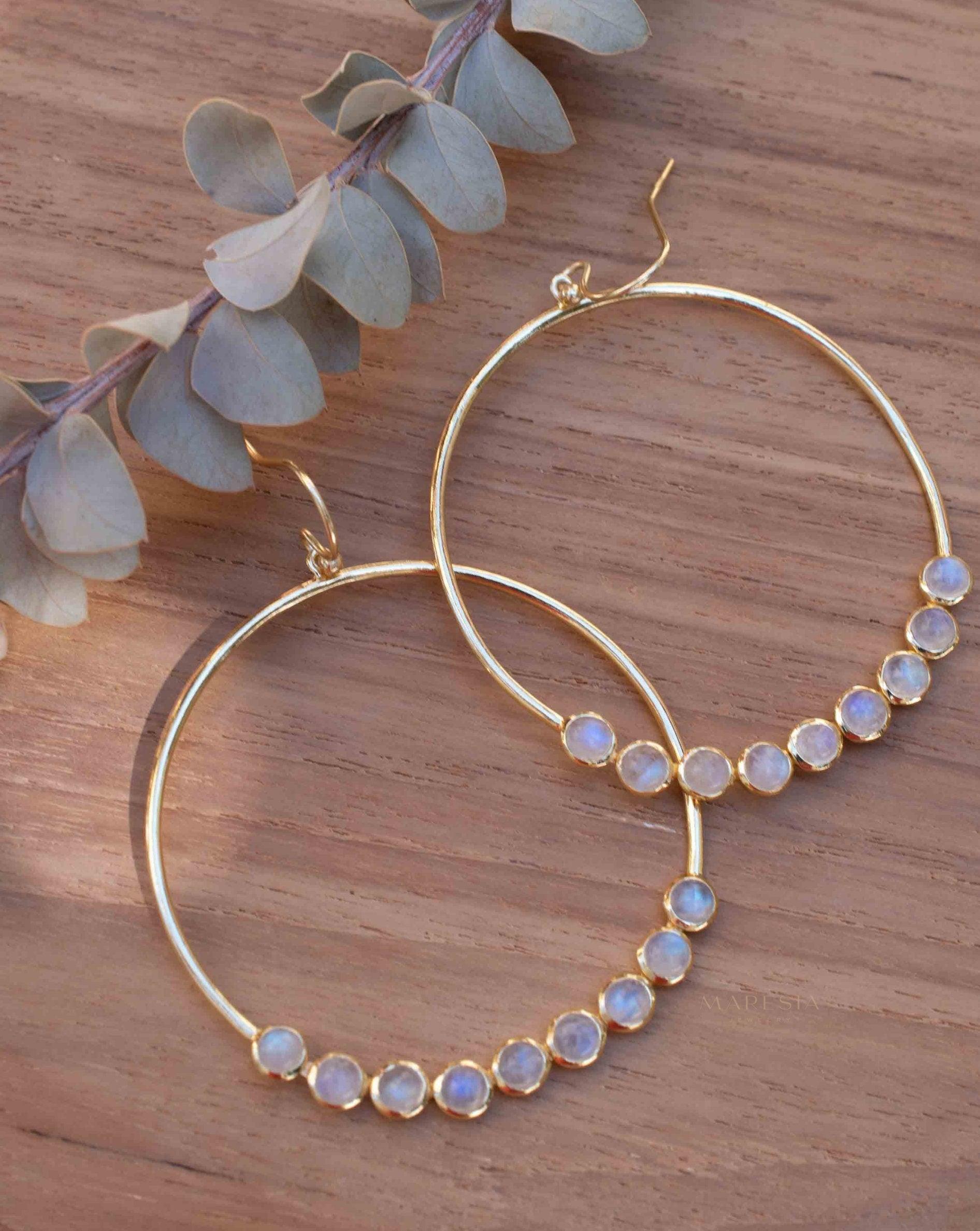 Moonstone Large Round 18k Gold Plated Earrings ~ Gemstone ~ Dangle Earrings ~Boho design ~ Handmade ~ Jewelry ~ Gift for her ~ ME211