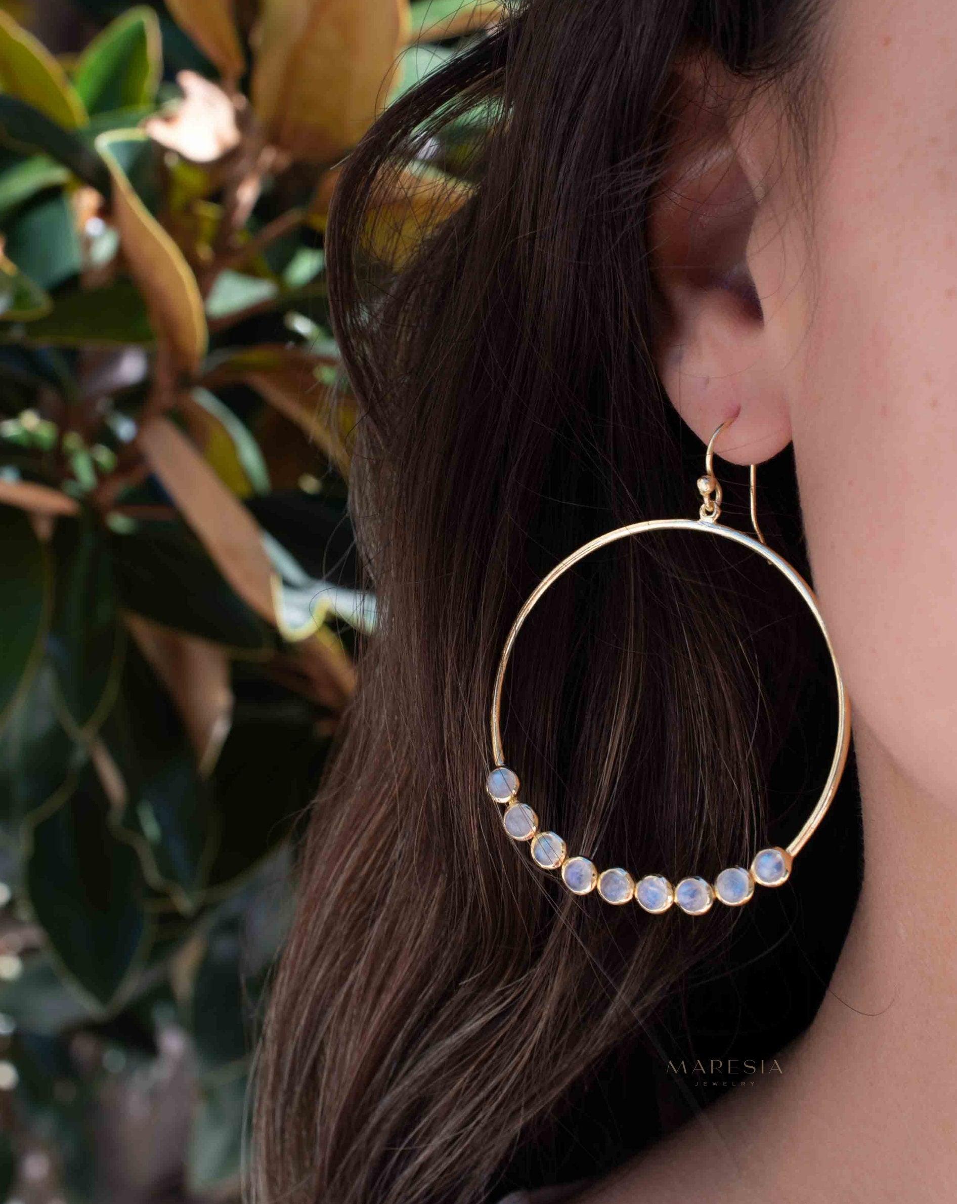 Moonstone Large Round 18k Gold Plated Earrings ~ Gemstone ~ Dangle Earrings ~Boho design ~ Handmade ~ Jewelry ~ Gift for her ~ ME211