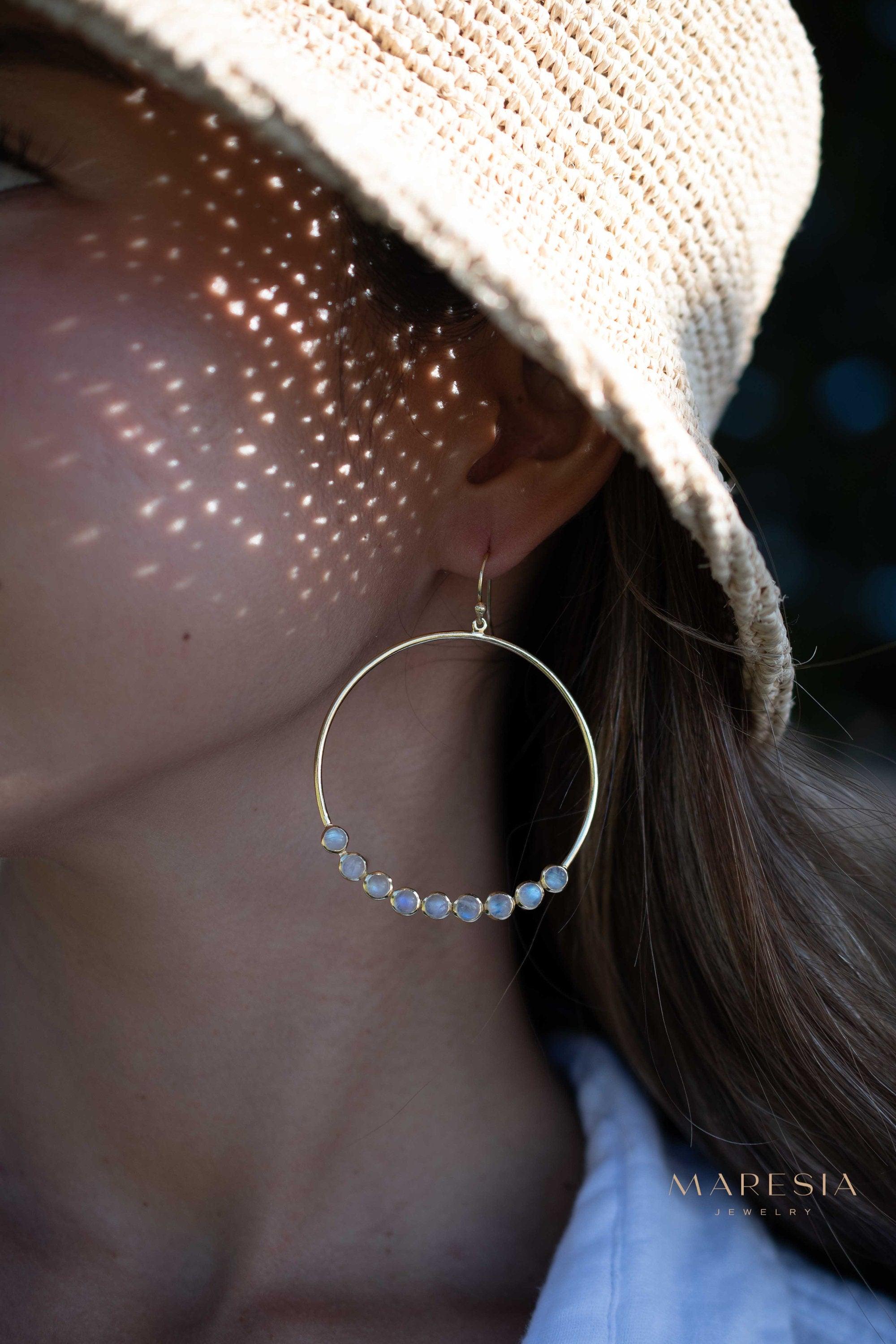 Moonstone Large Round 18k Gold Plated Earrings ~ Gemstone ~ Dangle Earrings ~Boho design ~ Handmade ~ Jewelry ~ Gift for her ~ ME211