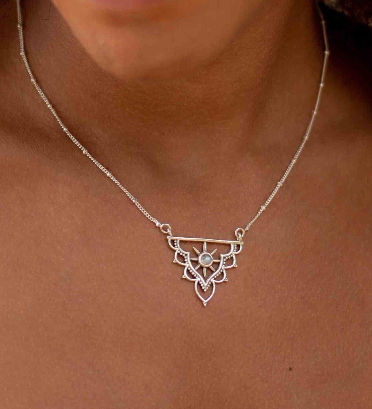 Moonstone Mandala Necklace ~ Sterling Silver 925 ~Jewelry ~ Beaded Chain ~ Minimalist~ Handmade~ Thin Chain~ Delicate ~Layered ~ MN071