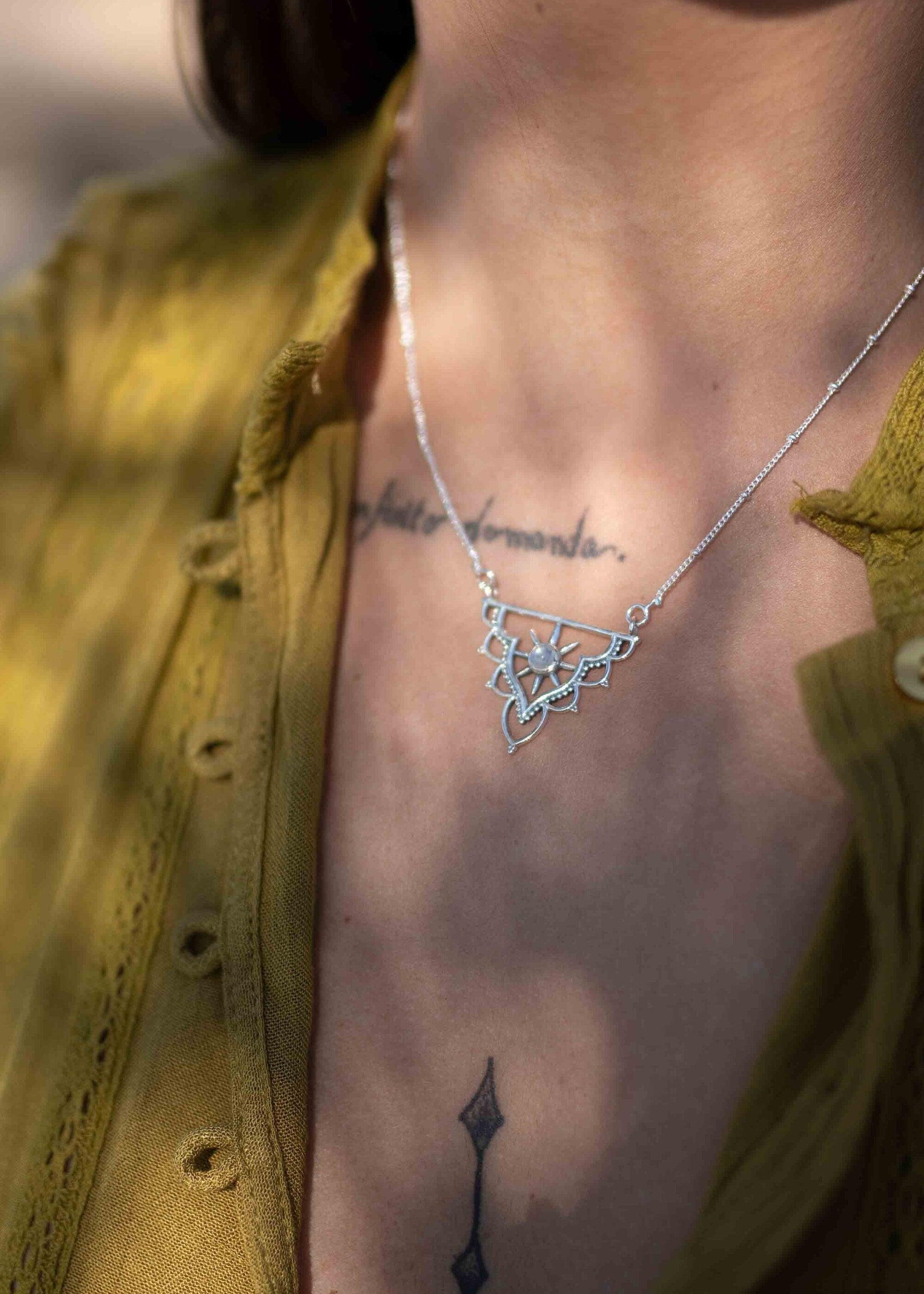 Moonstone Mandala Necklace ~ Sterling Silver 925 ~Jewelry ~ Beaded Chain ~ Minimalist~ Handmade~ Thin Chain~ Delicate ~Layered ~ MN071