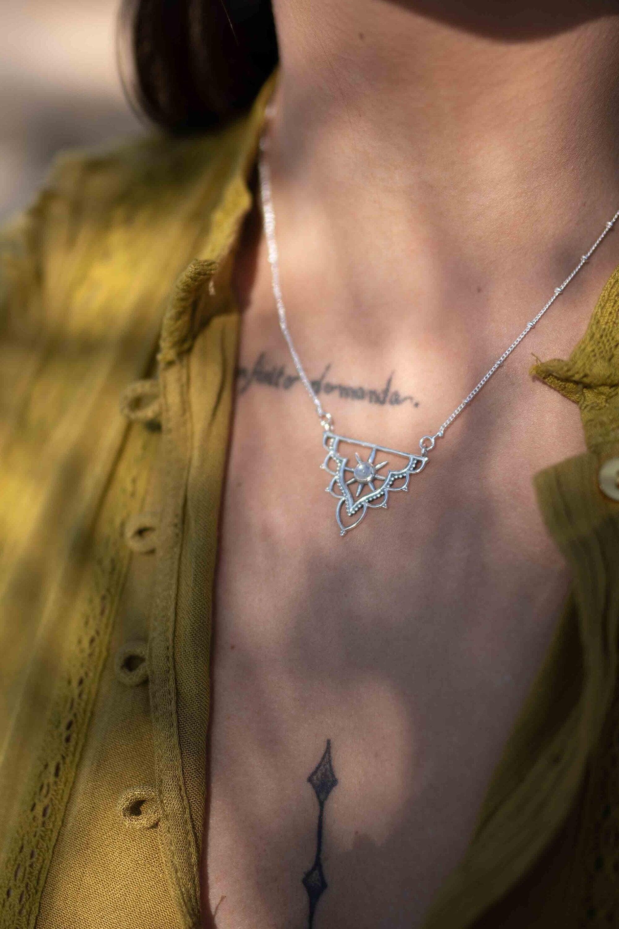 Moonstone Mandala Necklace ~ Sterling Silver 925 ~Jewelry ~ Beaded Chain ~ Minimalist~ Handmade~ Thin Chain~ Delicate ~Layered ~ MN071