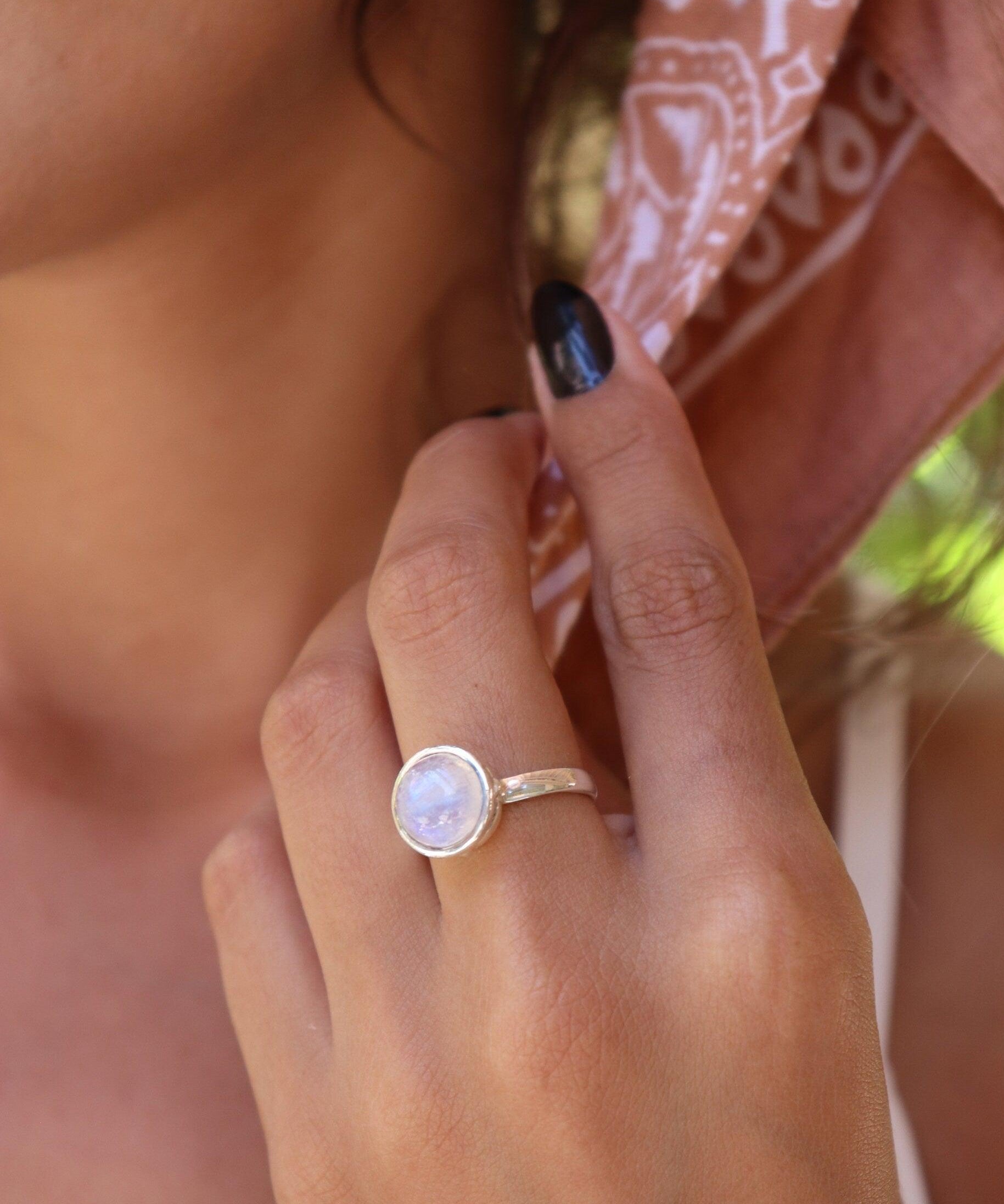 Moonstone Round Ring ~ Sterling Silver 925 ~ Handmade ~ Gemstone ~ Statement ~ Everyday ~ Solitaire ~ Hippie ~Bohemian~June Birthston~ MR129