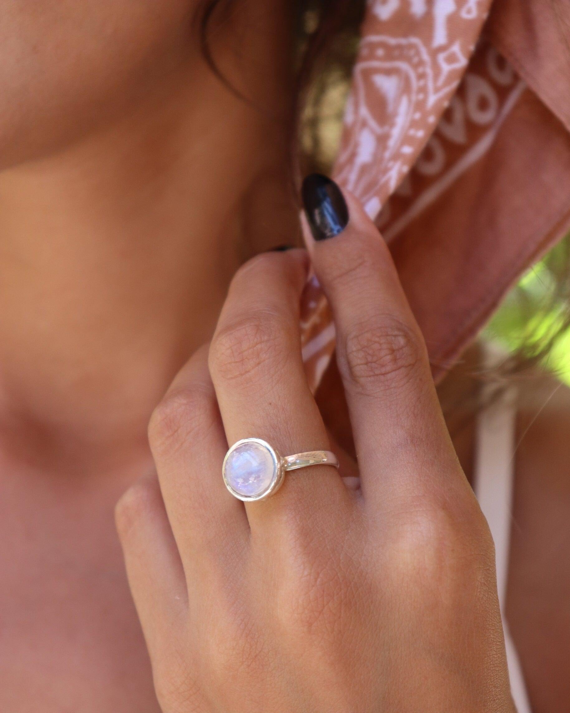 Moonstone Round Ring ~ Sterling Silver 925 ~ Handmade ~ Gemstone ~ Statement ~ Everyday ~ Solitaire ~ Hippie ~Bohemian~June Birthston~ MR129