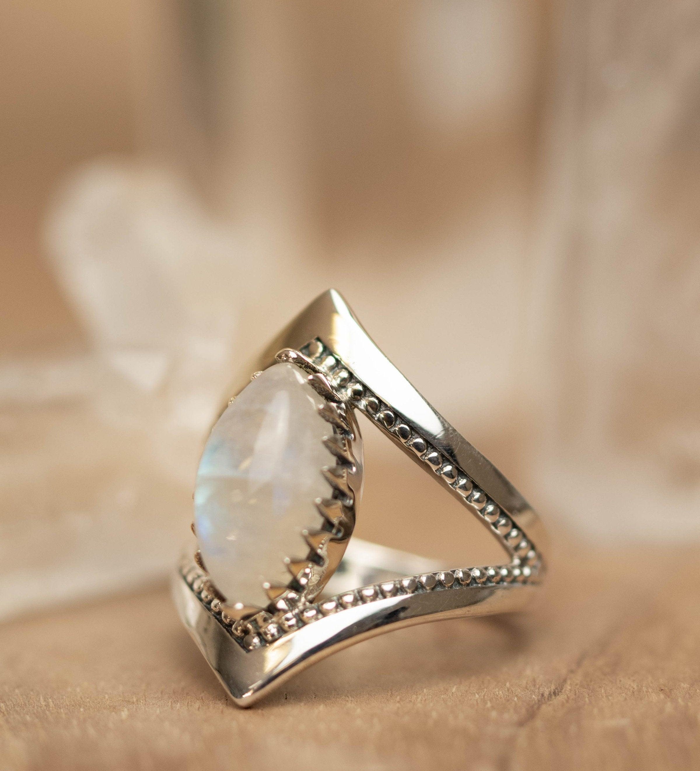 Moonstone Ring~ Sterling Silver 925 ~ Handmade ~ Gemstone ~Statement Tear Drop stone ~ Hippie ~Bohemian~June Birthstone~c