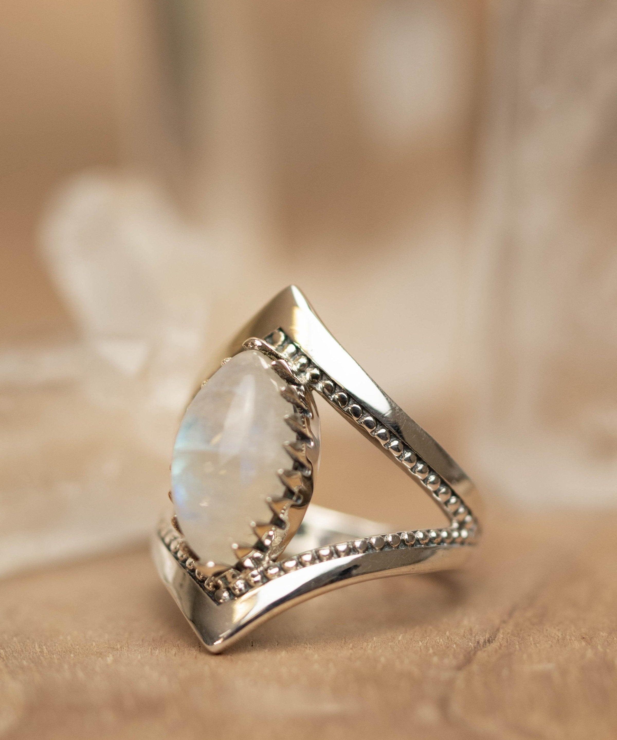 Moonstone Ring~ Sterling Silver 925 ~ Handmade ~ Gemstone ~Statement Tear Drop stone ~ Hippie ~Bohemian~June Birthstone~c
