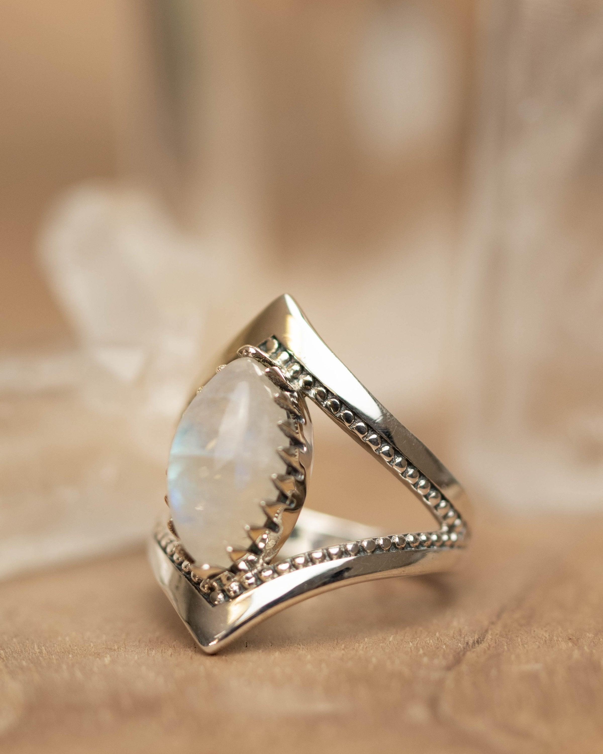 Moonstone Ring~ Sterling Silver 925 ~ Handmade ~ Gemstone ~Statement Tear Drop stone ~ Hippie ~Bohemian~June Birthstone~c