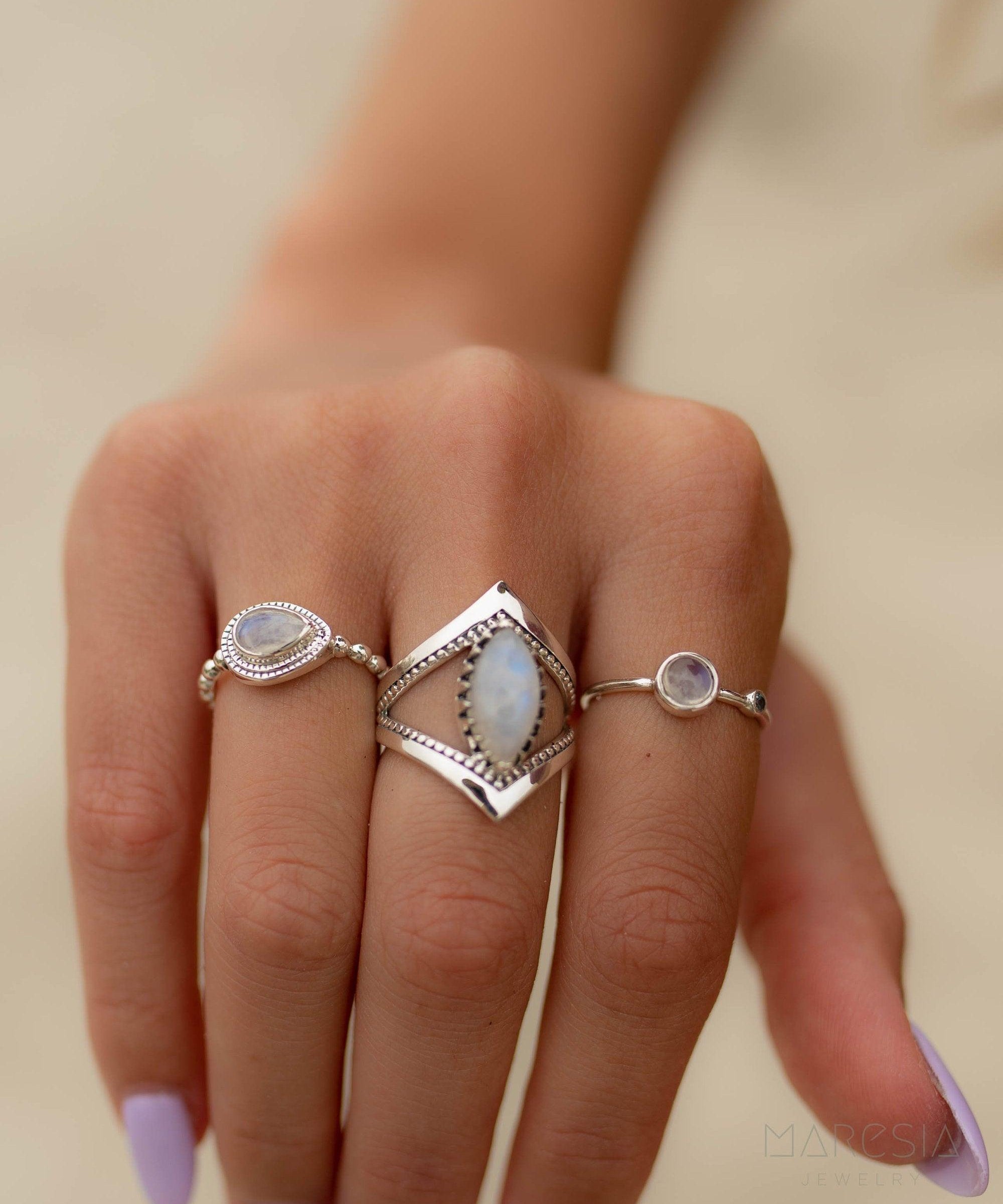 Moonstone Ring~ Sterling Silver 925 ~ Handmade ~ Gemstone ~Statement Tear Drop stone ~ Hippie ~Bohemian~June Birthstone~c