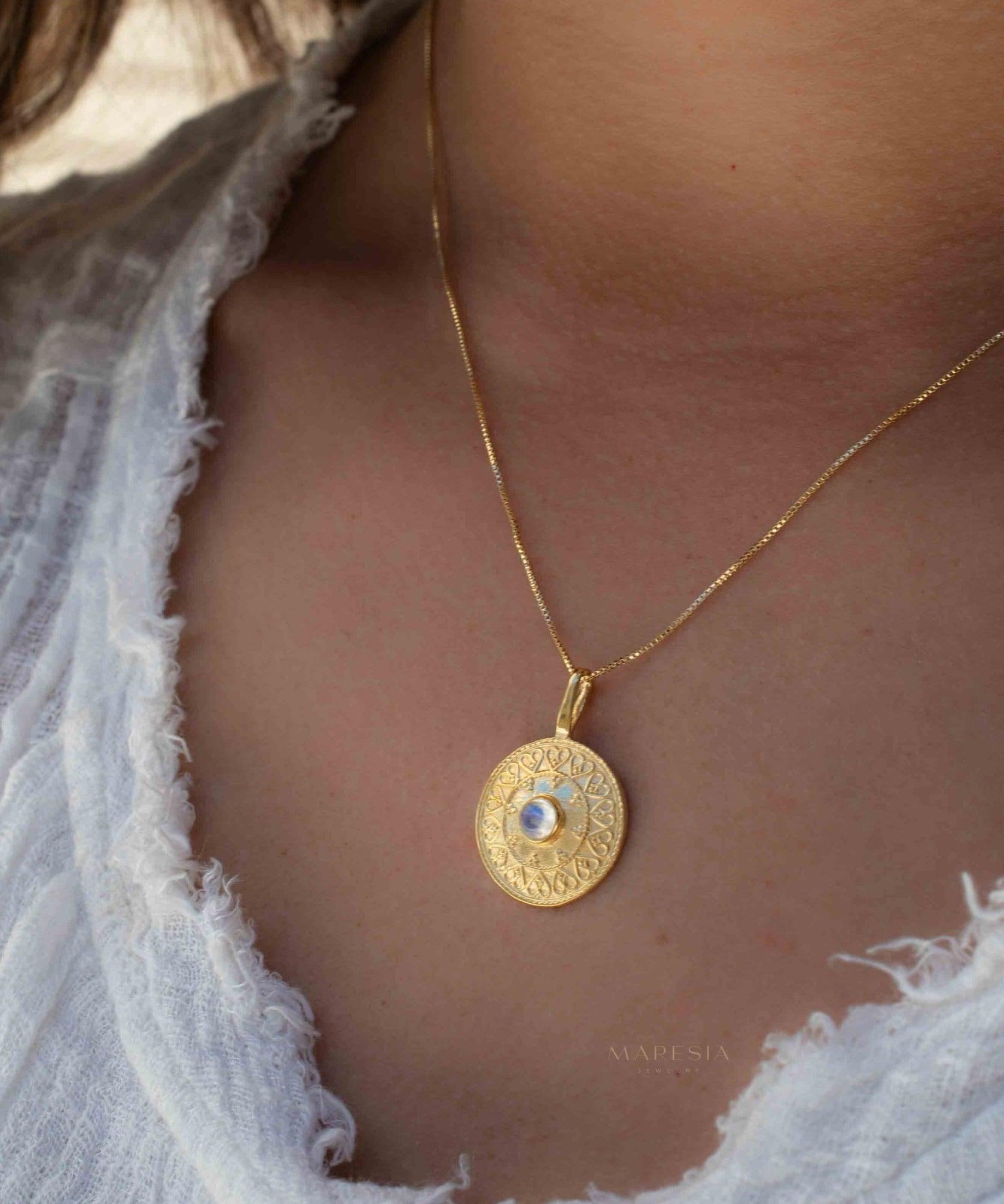 Moonstone Round Pendant ~ Gold Plated over Sterling Silver ~ Necklace ~ minimalist ~ Delicate ~ Everyday Jewelry ~MN145
