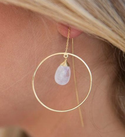 Moonstone Threader Earrings ~ 18k Gold Plated Earrings ~ Circle~  Geometric ~Dangle Earrings ~ Handmade ~ Jewelry ~ Gift for her ~ ME104 - Maresia Jewelry