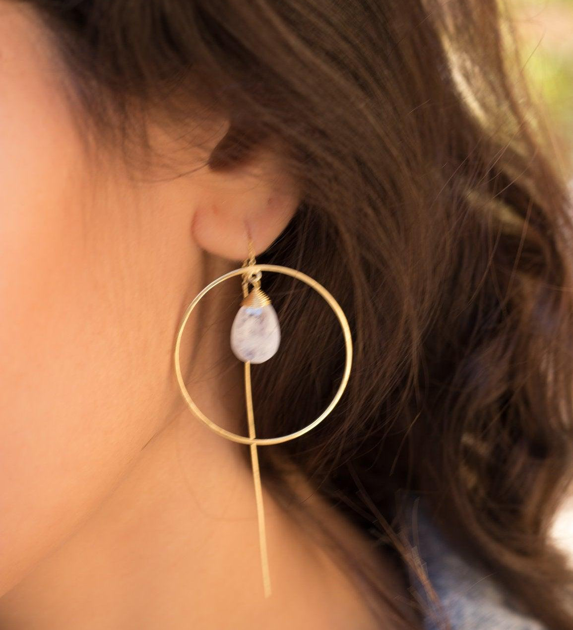 Moonstone Threader Earrings ~ 18k Gold Plated Earrings ~ Circle~  Geometric ~Dangle Earrings ~ Handmade ~ Jewelry ~ Gift for her ~ ME104 - Maresia Jewelry