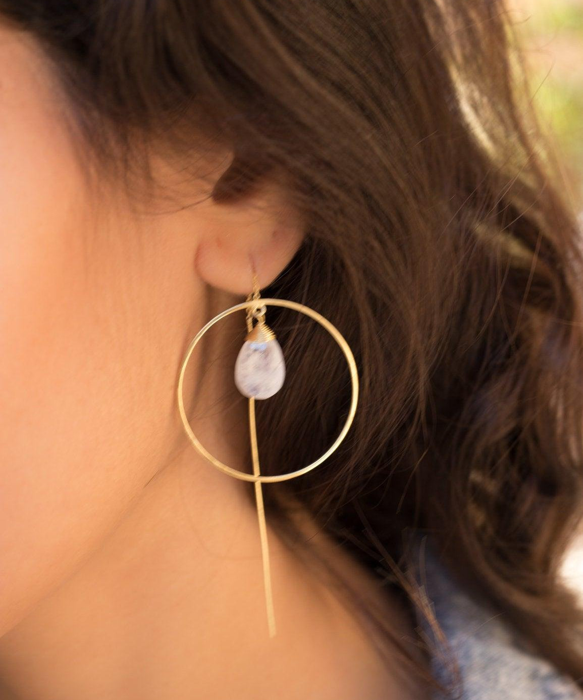 Moonstone Threader Earrings ~ 18k Gold Plated Earrings ~ Circle~  Geometric ~Dangle Earrings ~ Handmade ~ Jewelry ~ Gift for her ~ ME104 - Maresia Jewelry