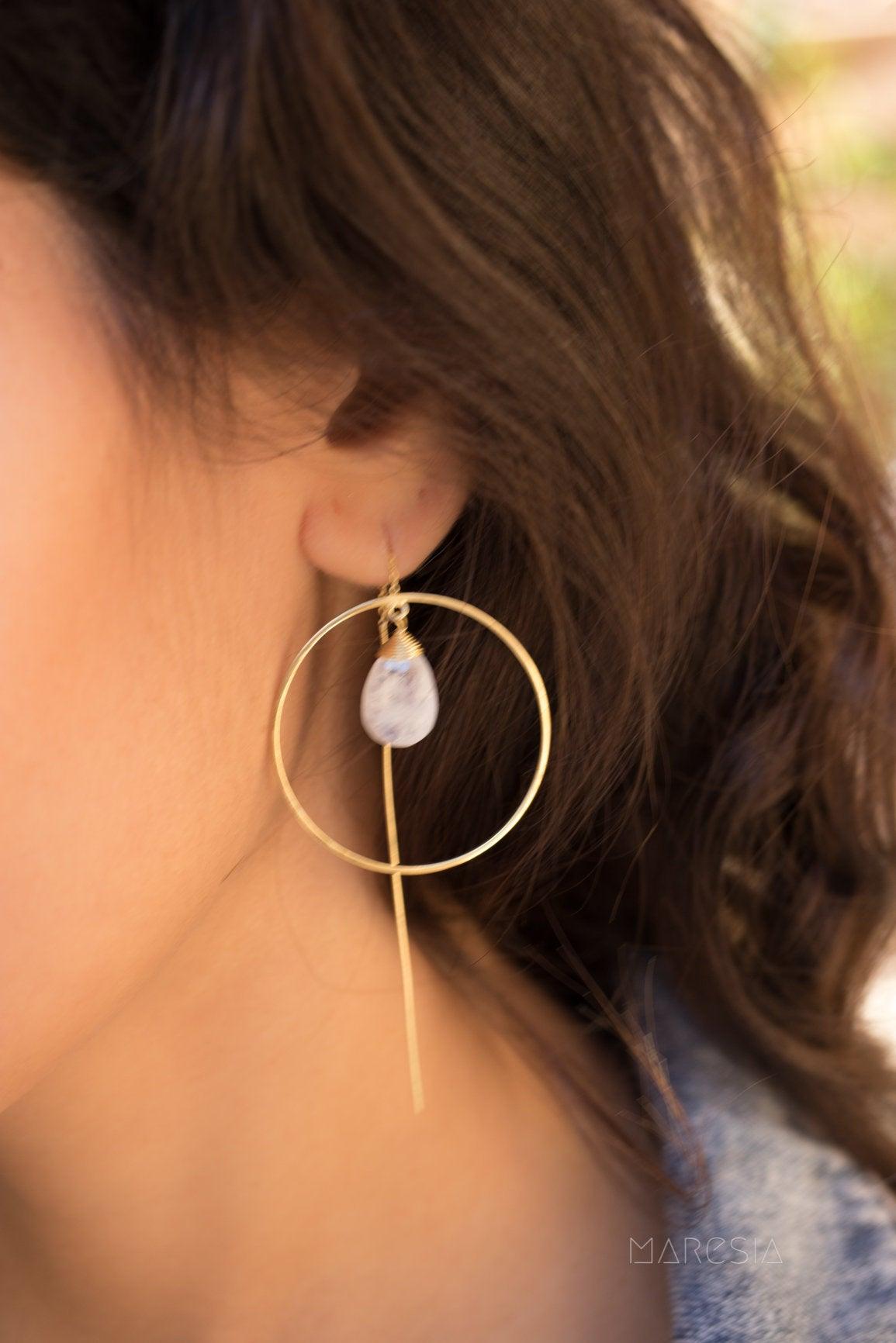 Moonstone Threader Earrings ~ 18k Gold Plated Earrings ~ Circle~  Geometric ~Dangle Earrings ~ Handmade ~ Jewelry ~ Gift for her ~ ME104 - Maresia Jewelry