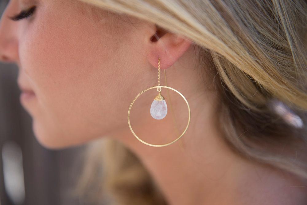 Moonstone Threader Earrings ~ 18k Gold Plated Earrings ~ Circle~  Geometric ~Dangle Earrings ~ Handmade ~ Jewelry ~ Gift for her ~ ME104 - Maresia Jewelry