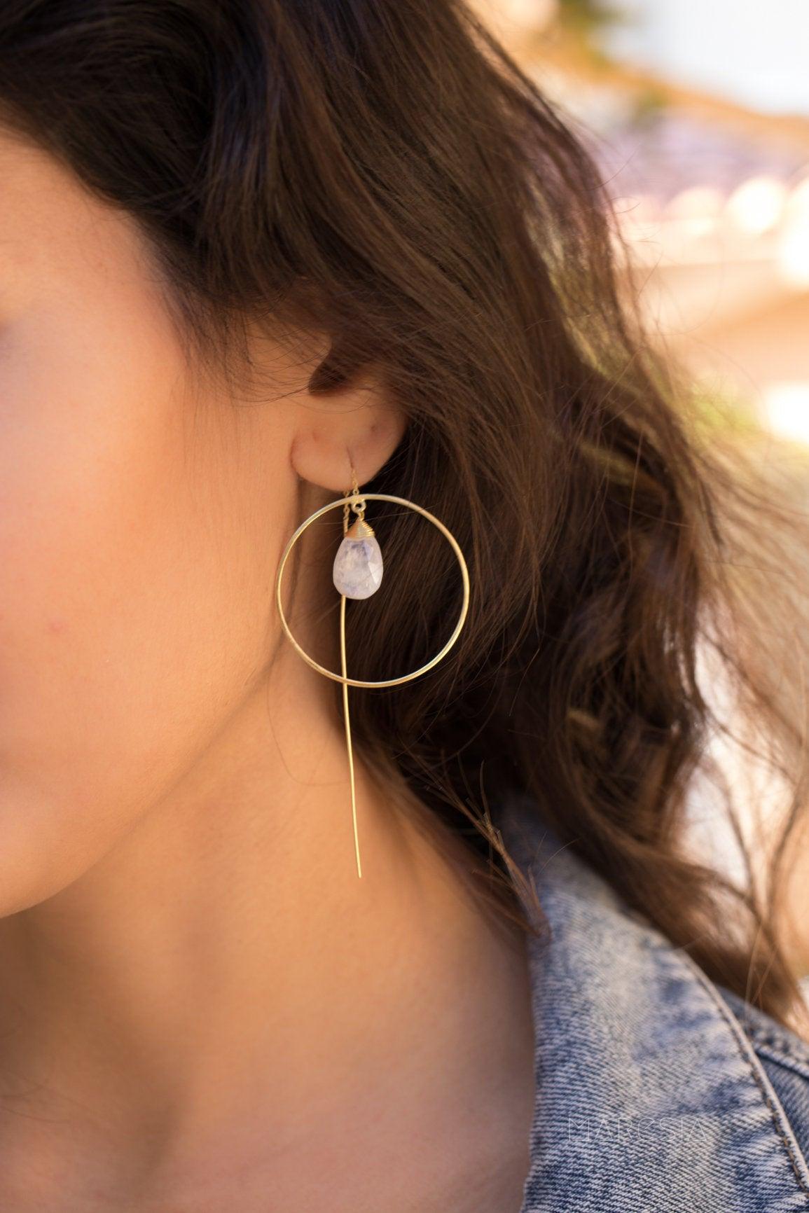 Moonstone Threader Earrings ~ 18k Gold Plated Earrings ~ Circle~  Geometric ~Dangle Earrings ~ Handmade ~ Jewelry ~ Gift for her ~ ME104 - Maresia Jewelry