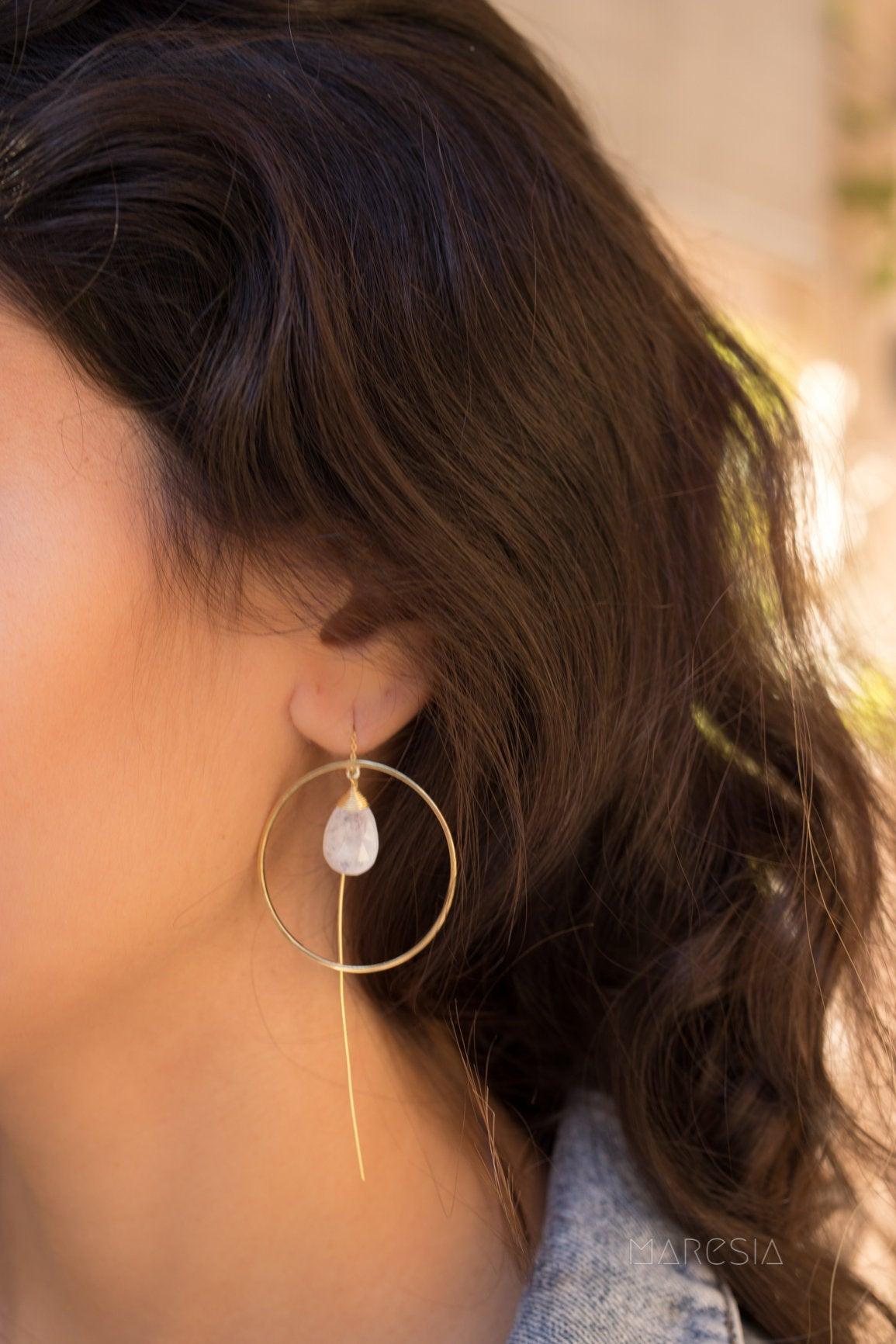Moonstone Threader Earrings ~ 18k Gold Plated Earrings ~ Circle~  Geometric ~Dangle Earrings ~ Handmade ~ Jewelry ~ Gift for her ~ ME104 - Maresia Jewelry