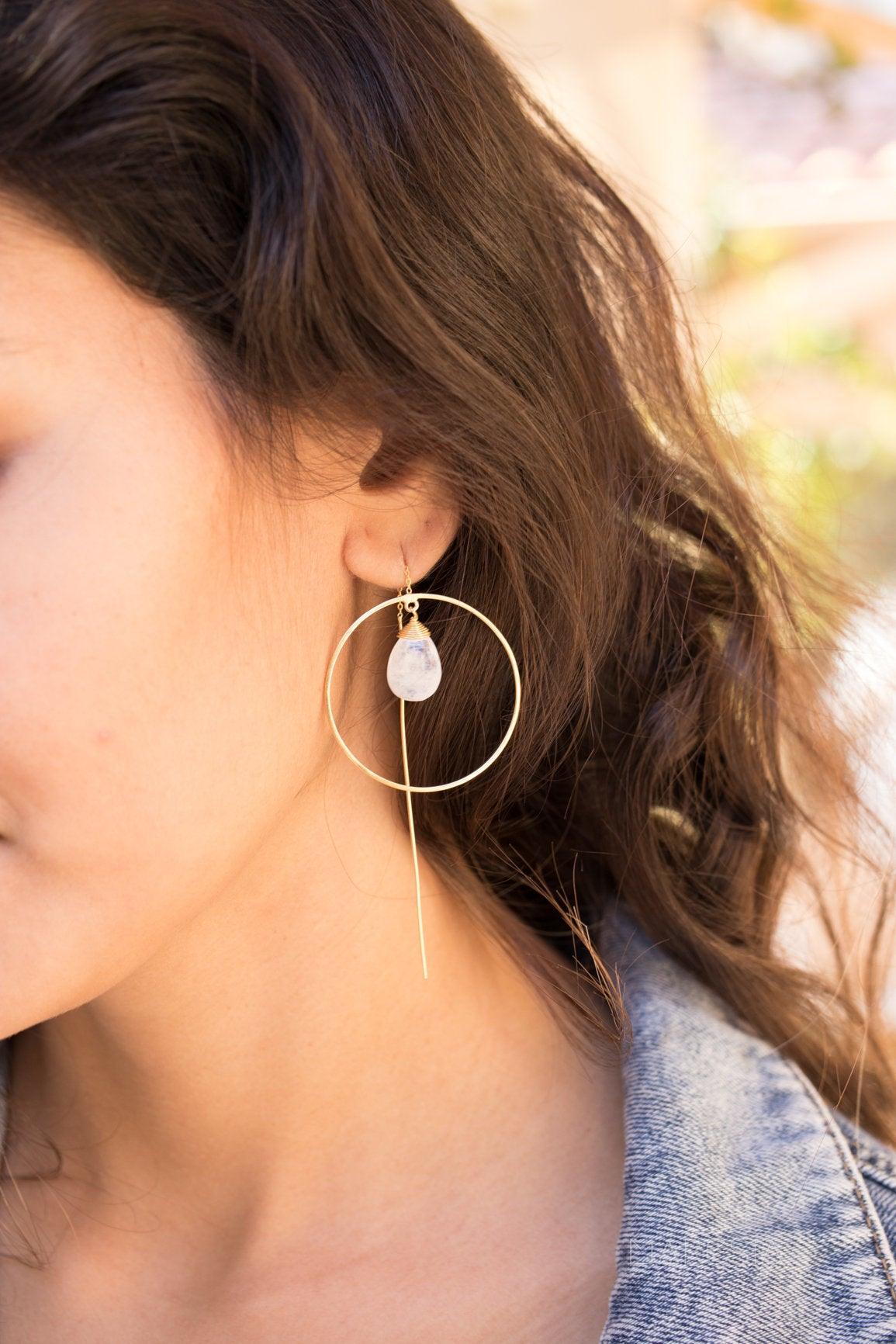 Moonstone Threader Earrings ~ 18k Gold Plated Earrings ~ Circle~  Geometric ~Dangle Earrings ~ Handmade ~ Jewelry ~ Gift for her ~ ME104 - Maresia Jewelry
