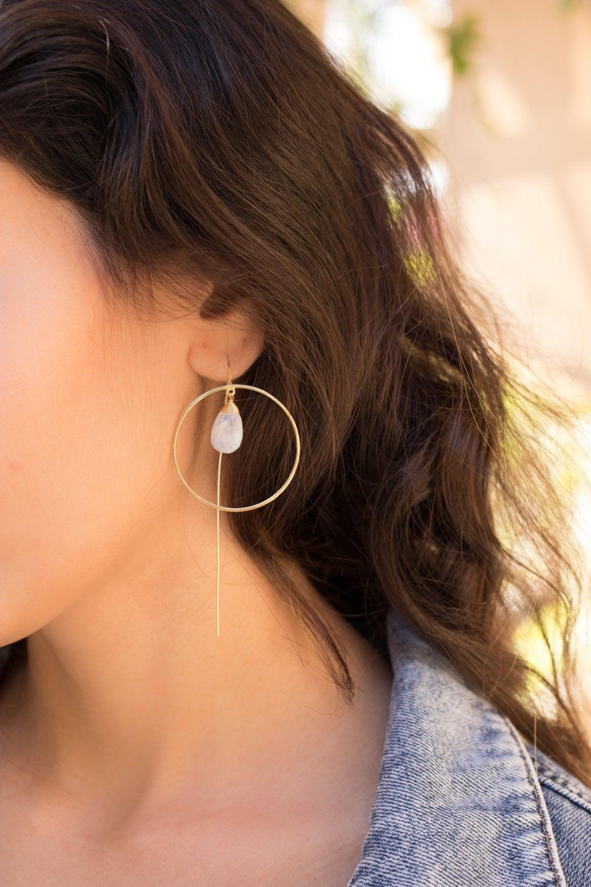Moonstone Threader Earrings ~ 18k Gold Plated Earrings ~ Circle~  Geometric ~Dangle Earrings ~ Handmade ~ Jewelry ~ Gift for her ~ ME104 - Maresia Jewelry
