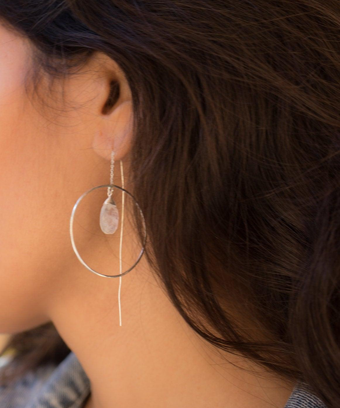 Moonstone Threader Earrings ~ Silver Plated~ME101 - Maresia Jewelry