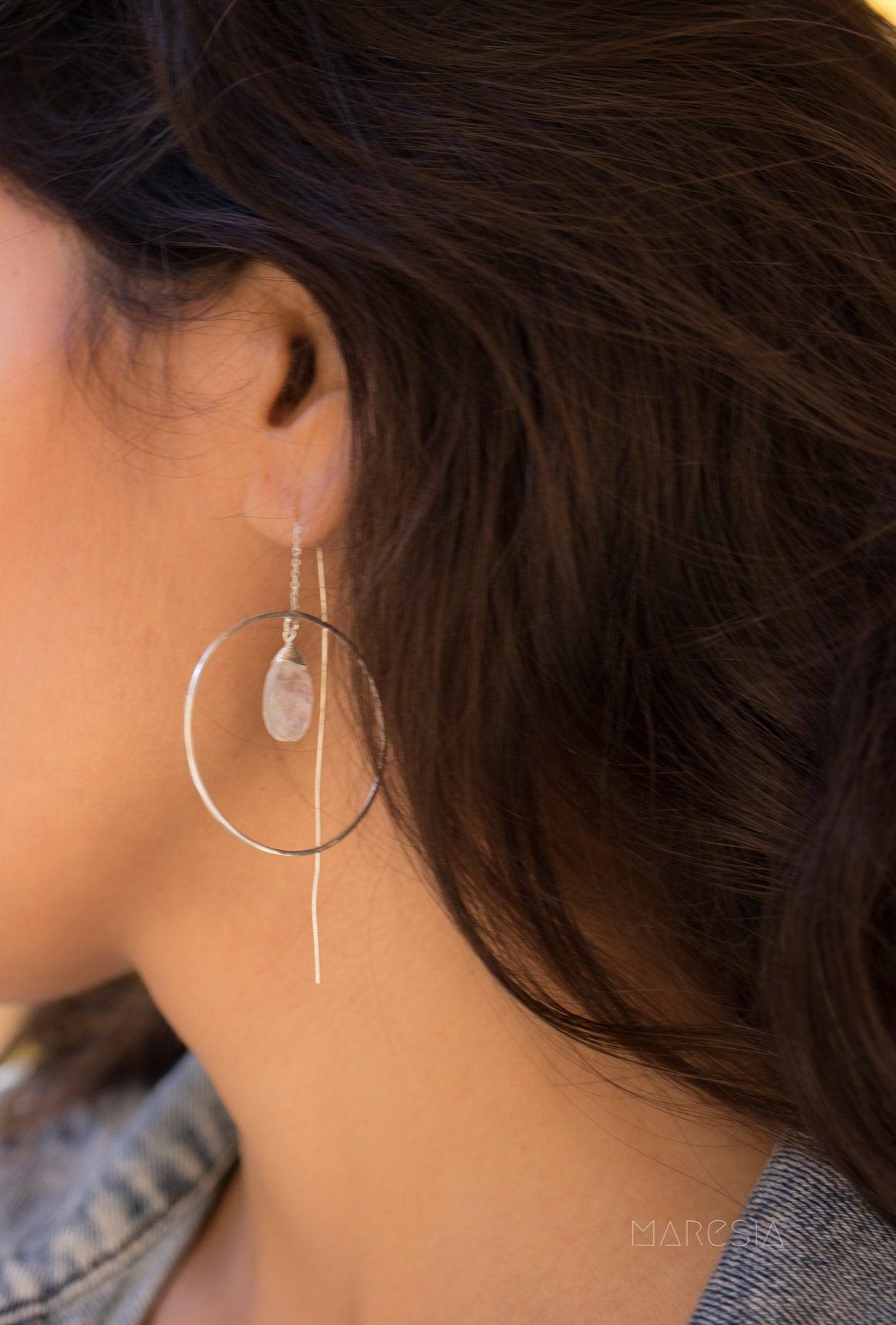 Moonstone Threader Earrings ~ Silver Plated~ME101 - Maresia Jewelry