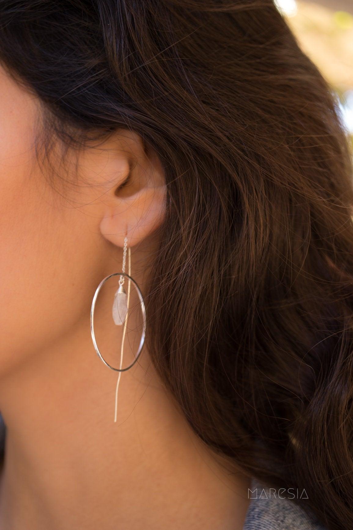 Moonstone Threader Earrings ~ Silver Plated~ME101 - Maresia Jewelry