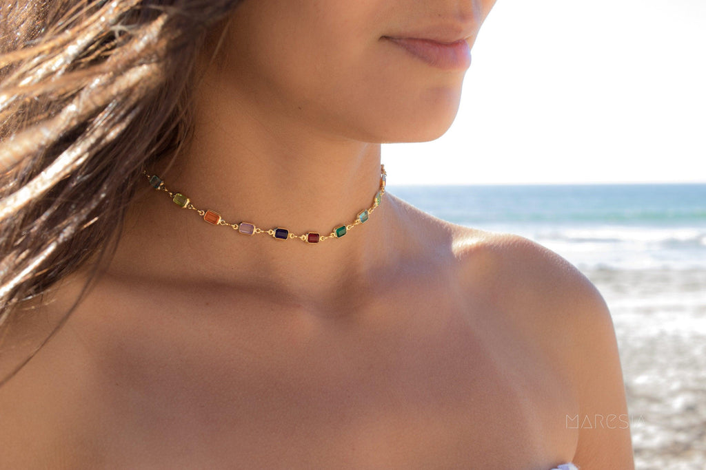 Multi colored crystals choker Gold Plated MN034