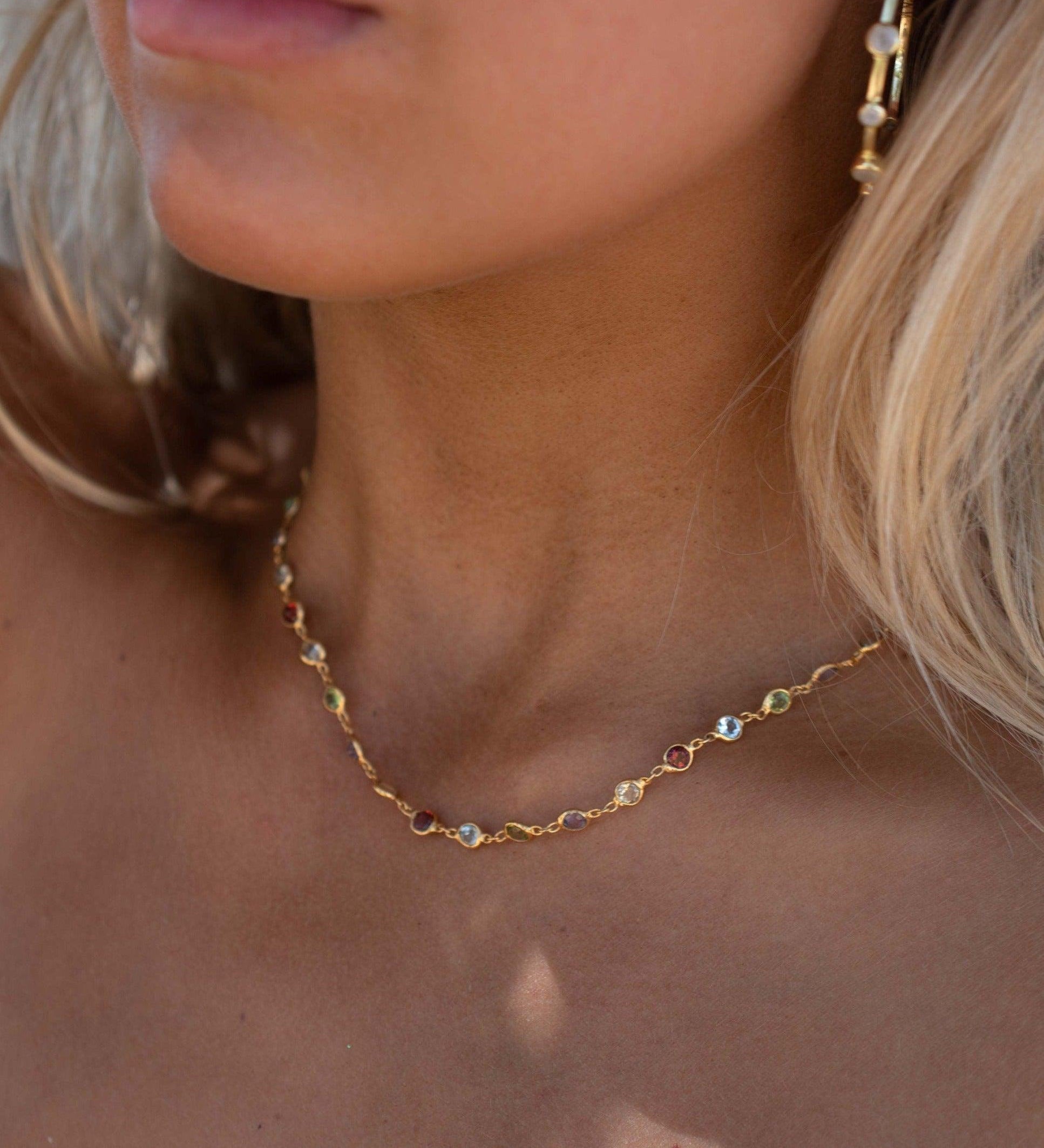 Multi-stones Necklace ~ Gold Plated over Sterling Silver 925 ~ Gemstone ~Statement ~ Jewelry ~ Minimalist ~ Handmade~ Delicate MN156