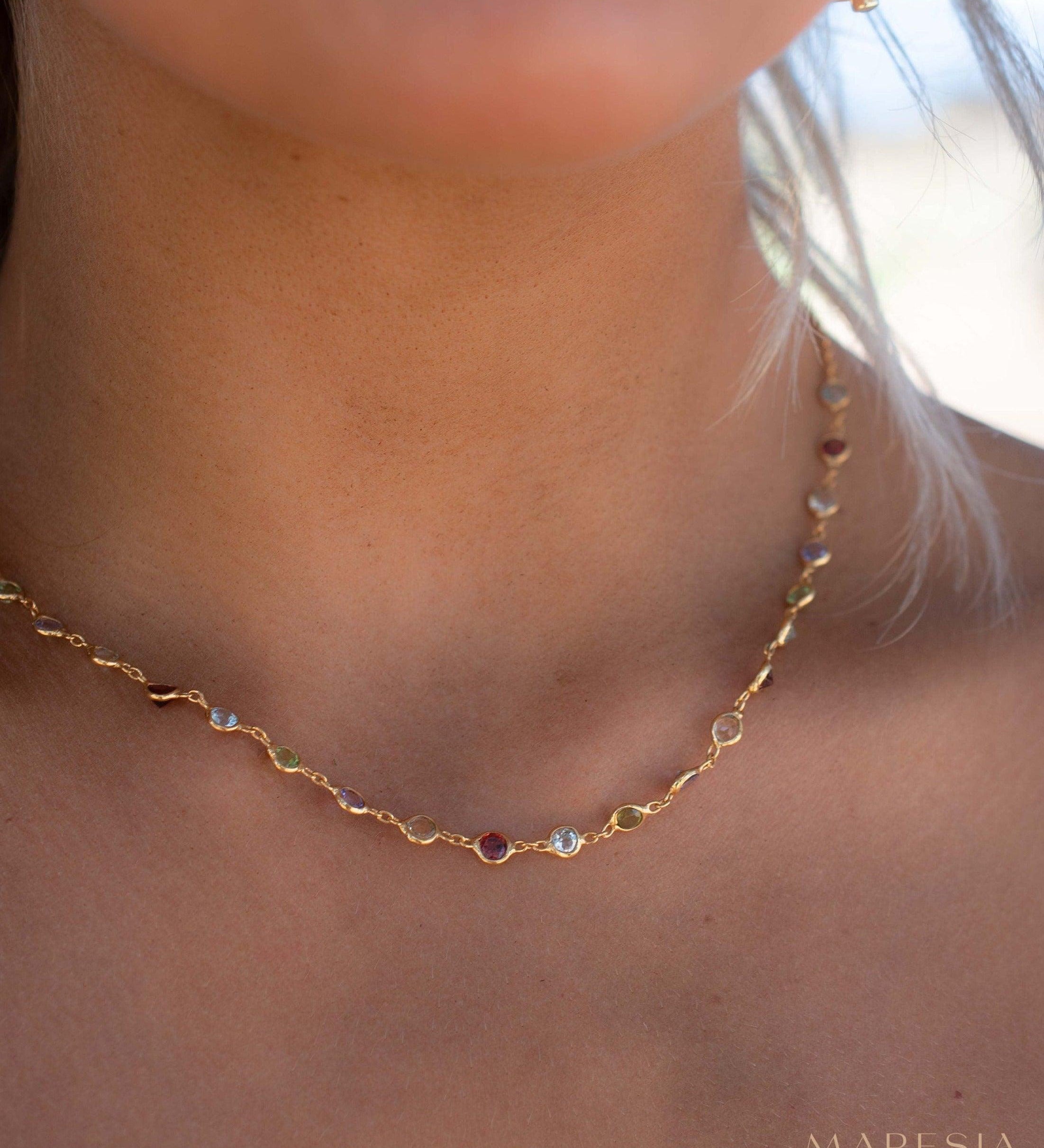 Multi-stones Necklace ~ Gold Plated over Sterling Silver 925 ~ Gemstone ~Statement ~ Jewelry ~ Minimalist ~ Handmade~ Delicate MN156