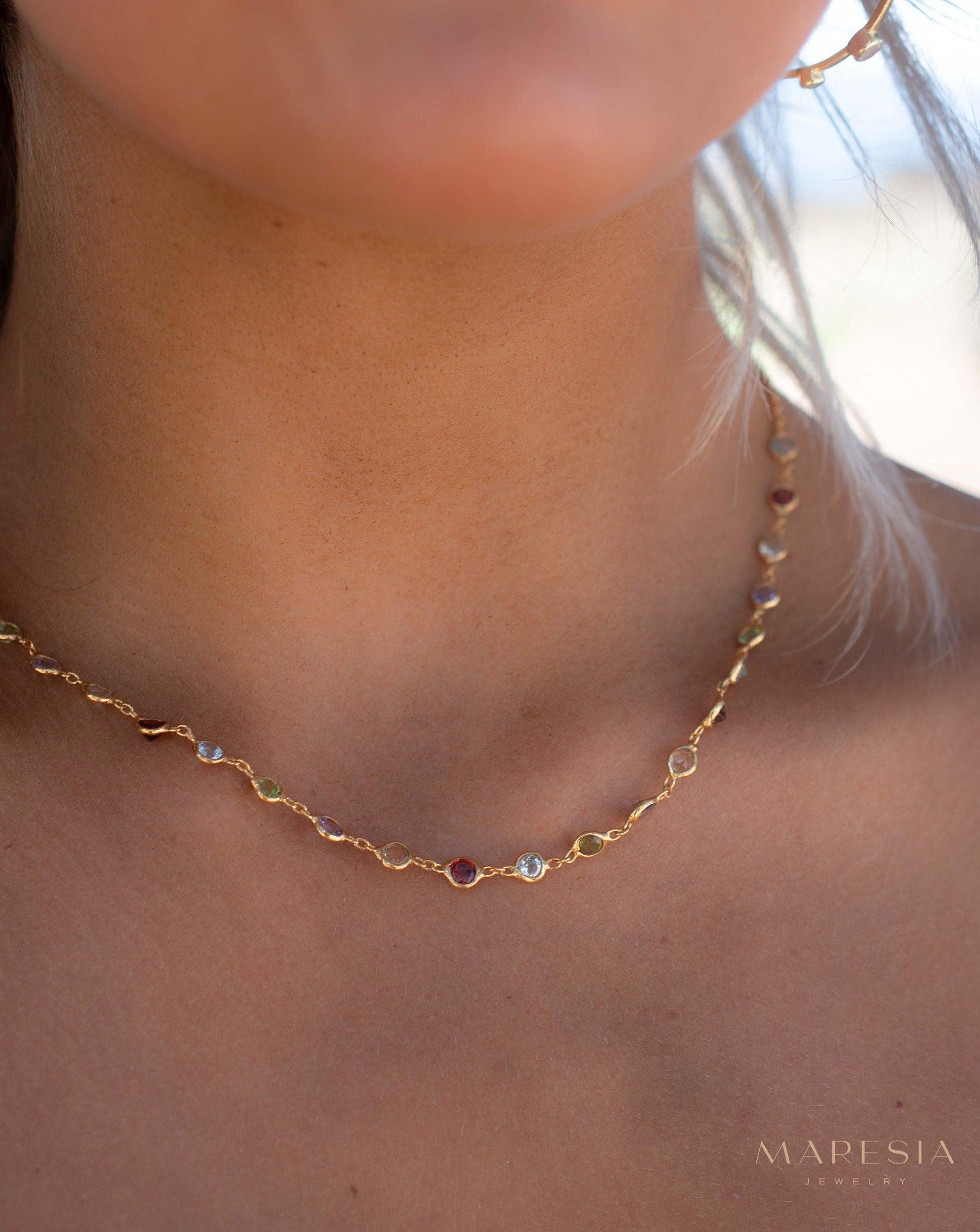 Multi-stones Necklace ~ Gold Plated over Sterling Silver 925 ~ Gemstone ~Statement ~ Jewelry ~ Minimalist ~ Handmade~ Delicate MN156