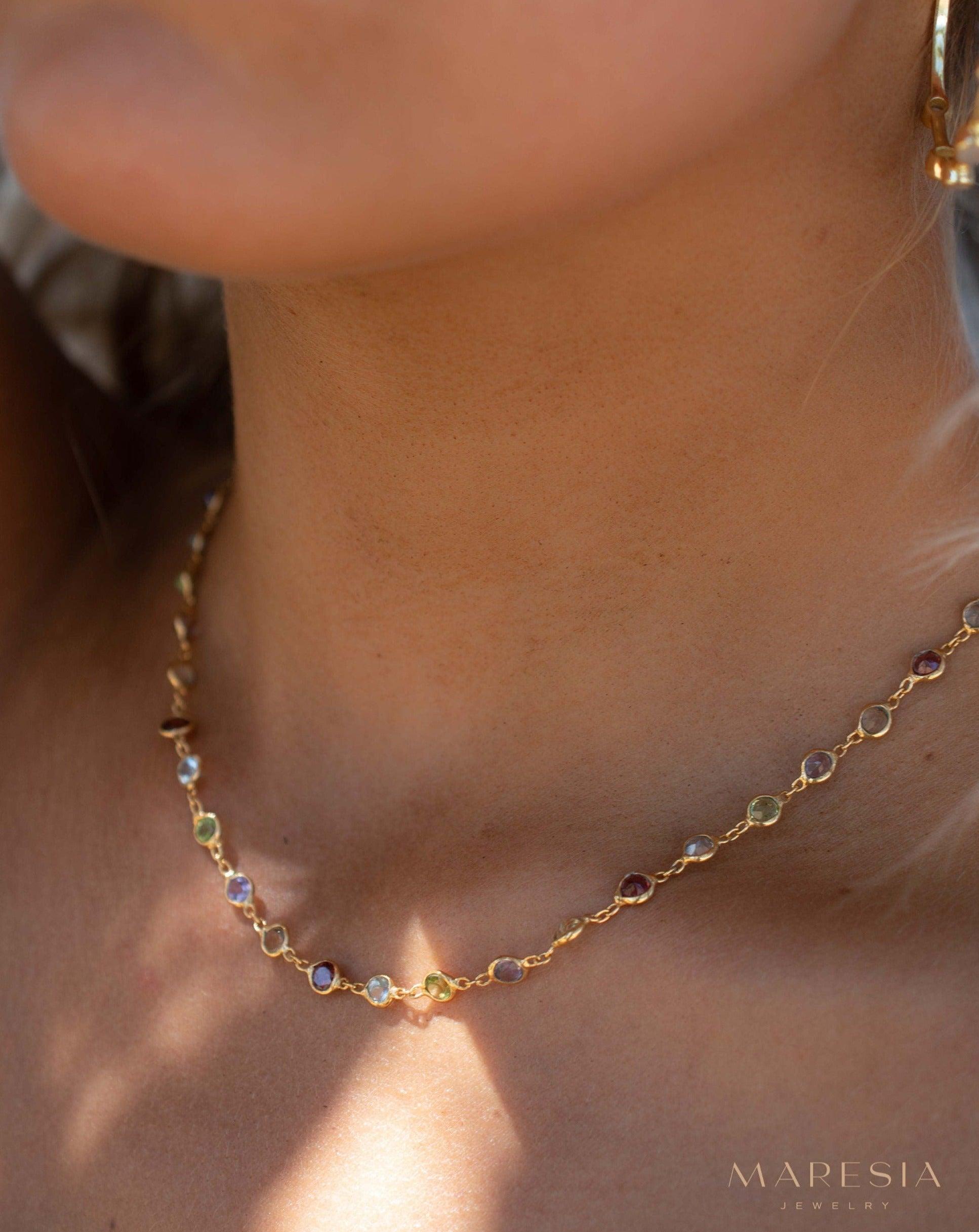 Multi-stones Necklace ~ Gold Plated over Sterling Silver 925 ~ Gemstone ~Statement ~ Jewelry ~ Minimalist ~ Handmade~ Delicate MN156