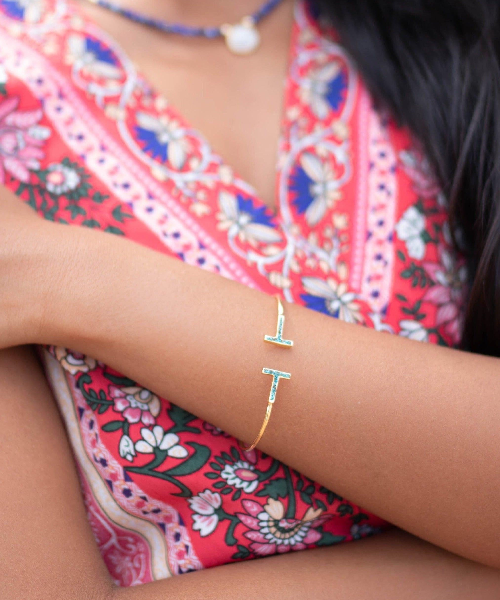 Copper Turquoise Mosaic Adjustable Bracelet ~ Gold Plated 18k ~ Handmade ~Statement  Hippie ~Bohemian ~Jewelry ~Gift For Her ~Gemstone MB032