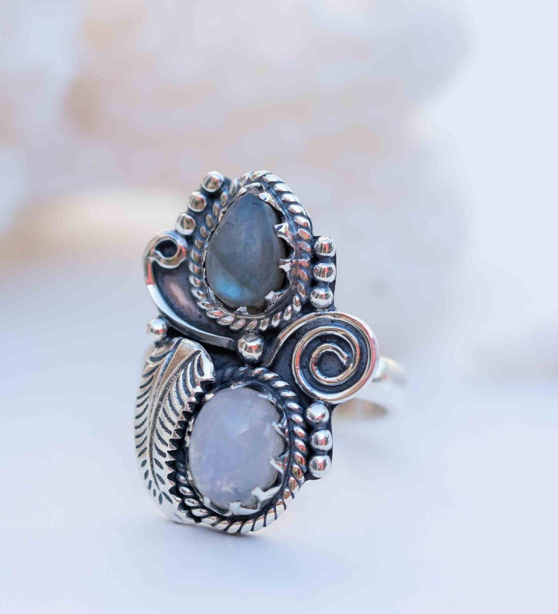 Rainbow Labradorite and Moonstone Ring Large ~Gemstone ~ Sterling Silver 925 ~Jewelry ~Handmade~February Birthstone ~Statement ~Gift ~ MR287