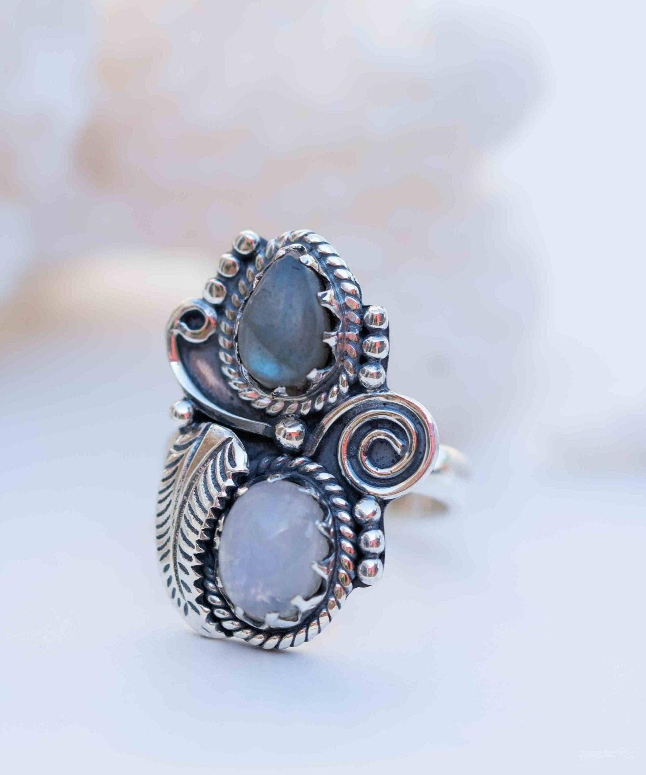 Rainbow Labradorite and Moonstone Ring Large ~Gemstone ~ Sterling Silver 925 ~Jewelry ~Handmade~February Birthstone ~Statement ~Gift ~ MR287