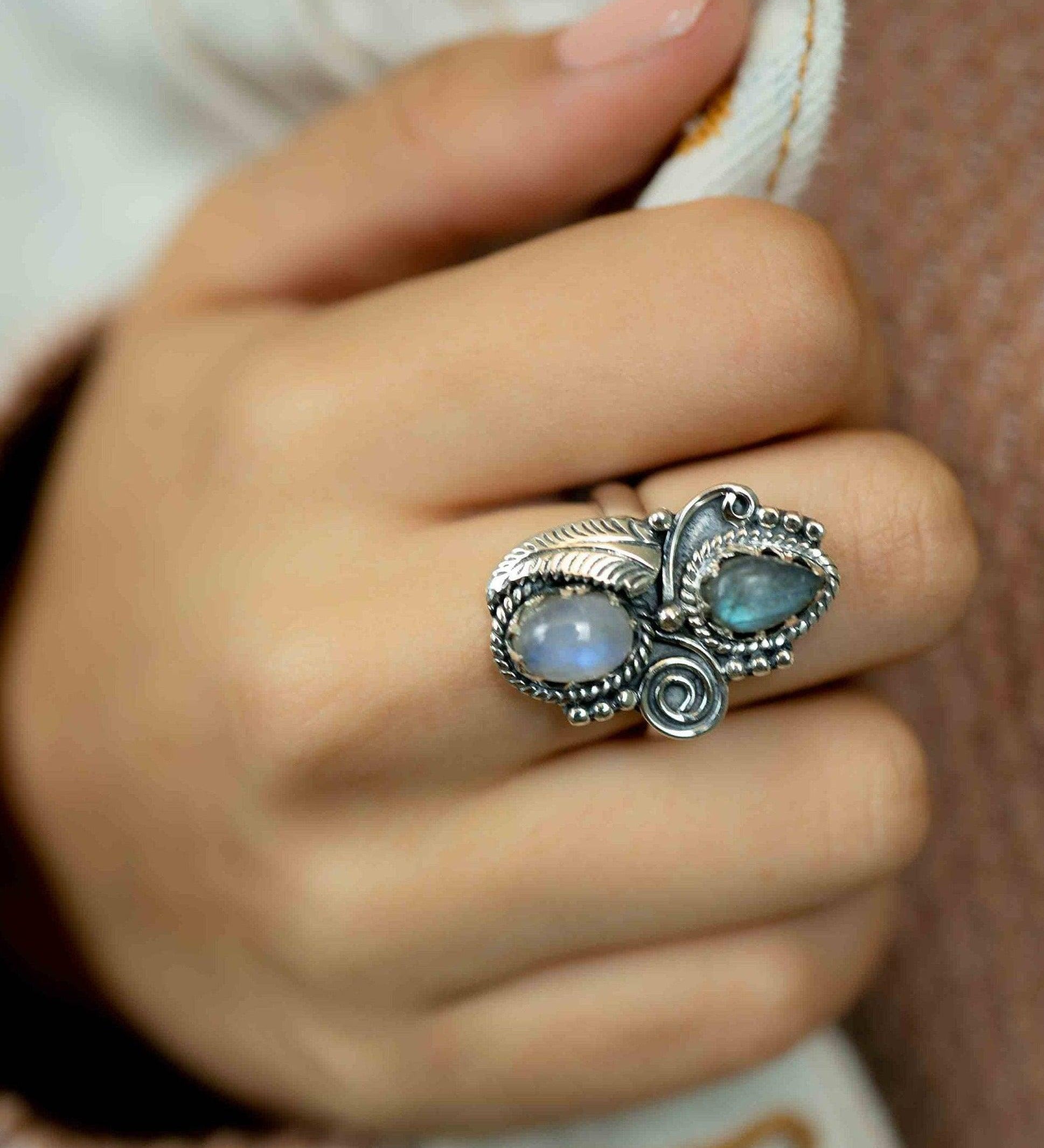 Rainbow Labradorite and Moonstone Ring Large ~Gemstone ~ Sterling Silver 925 ~Jewelry ~Handmade~February Birthstone ~Statement ~Gift ~ MR287