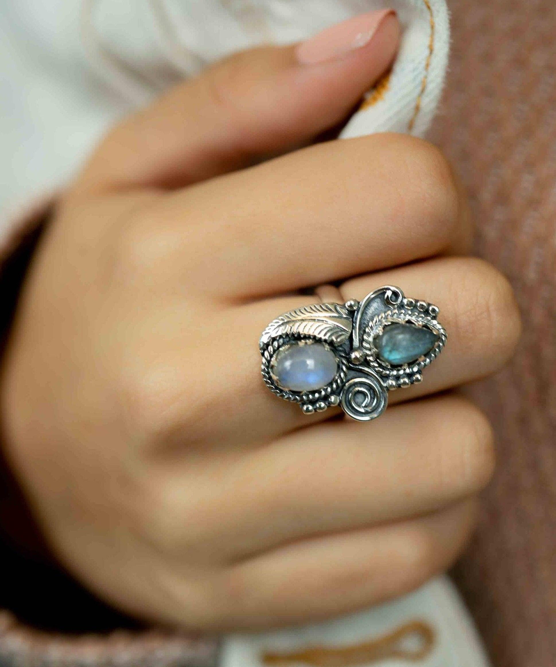 Rainbow Labradorite and Moonstone Ring Large ~Gemstone ~ Sterling Silver 925 ~Jewelry ~Handmade~February Birthstone ~Statement ~Gift ~ MR287